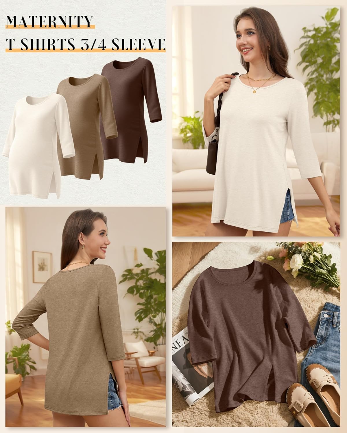 3 Pack Women's 3/4 Sleeve Maternity Shirts Elbow Length Clothes Round Neck Tunics Pregnancy Loose Side Split Tops - Image 3