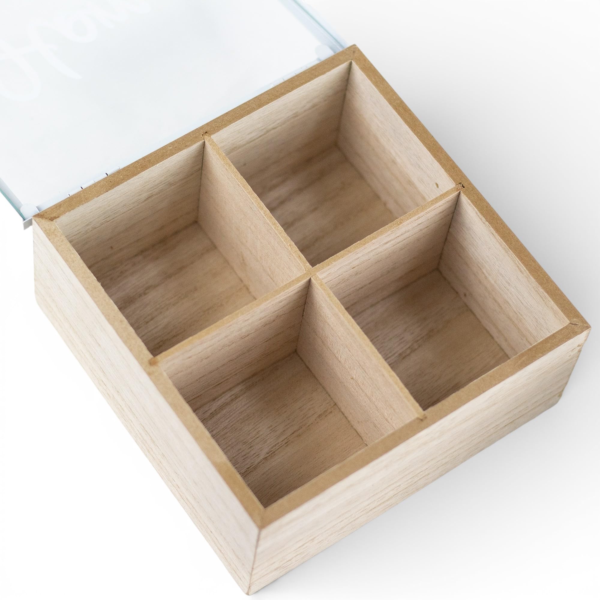 Pincho Küchenorganizer, Teebox, Teebox, Tee-Organizer mit 4 Fächern, Deckel mit transparentem Fenster, sortierte Teebeutel, Holz, 16 x 16 x 8 cm