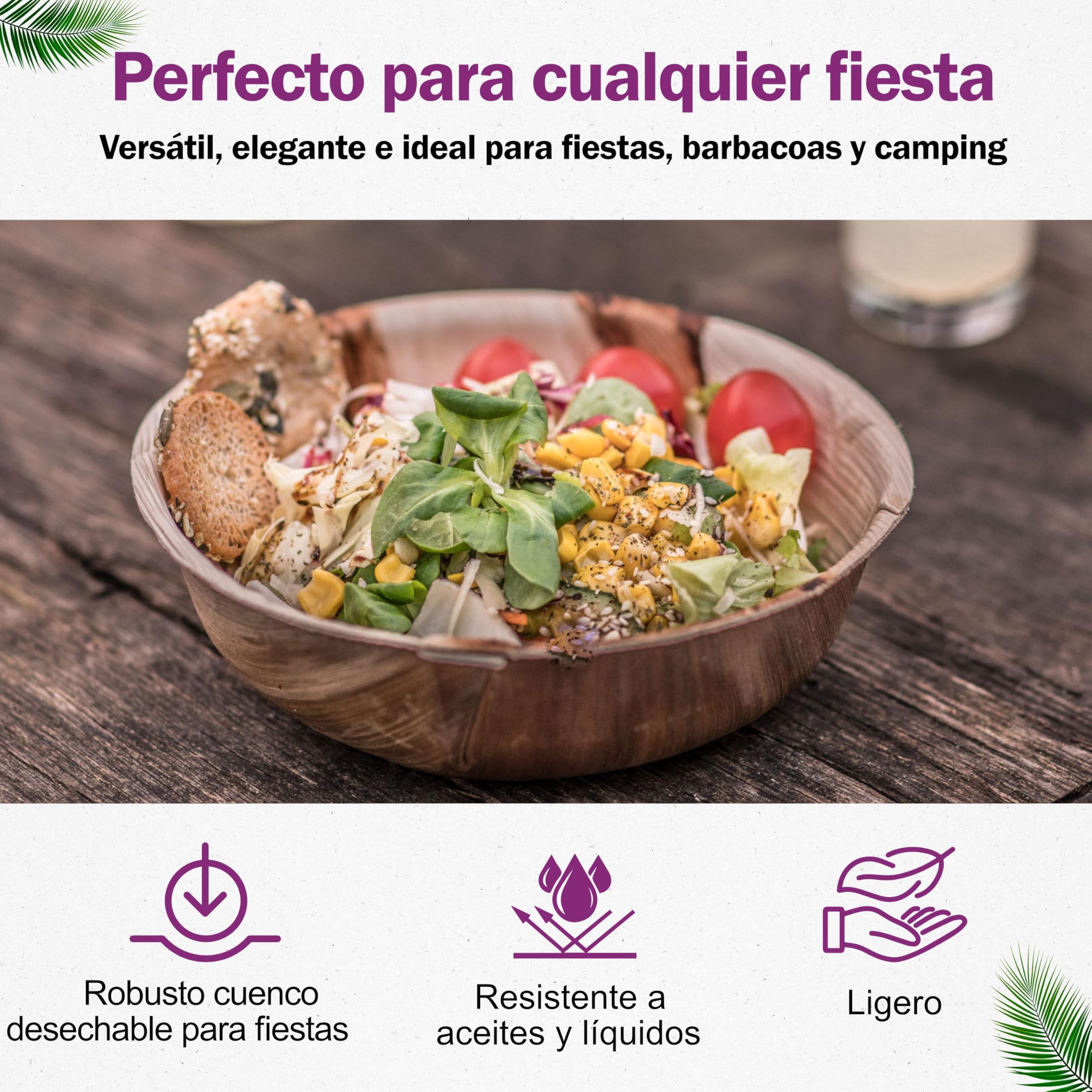 25 Cuencos Desechables de Hoja de Palma Ecológicos - 18 cm/ 700 ml - Vajilla Orgánica Elegante - Estable, Natural y Biodegradable - Boles Descartable - similar al Bambu - Estilo Madera