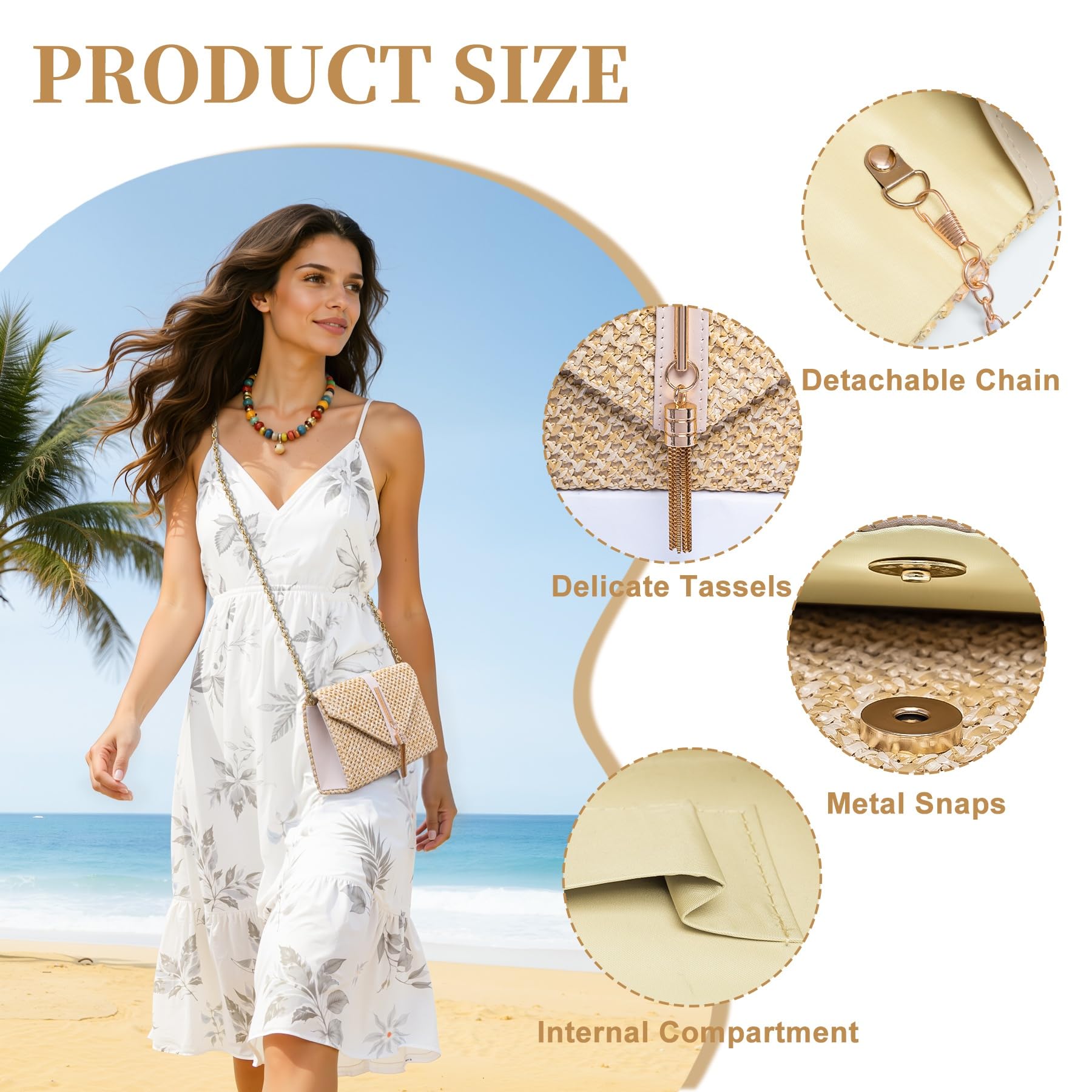 Larcenciel Bolso Mujer Paja, Bolsos Mujer Borlas Verano Playa con Cadena Desmontable, Elegante Boho Sobre Rafia Clutch Fiesta, Casuale Bandolera Cartera de Mano para Bodas Vacaciones, 21.7x5.5x13.5CM