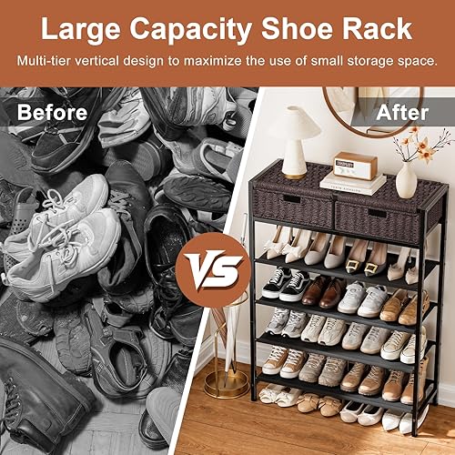 Miniatura 8 de Zapatero, organizador de almacenamiento de zapatos de 5 niveles con 2 cajones tejidos a mano, estante de zapatos de metal para 16-20 pares de