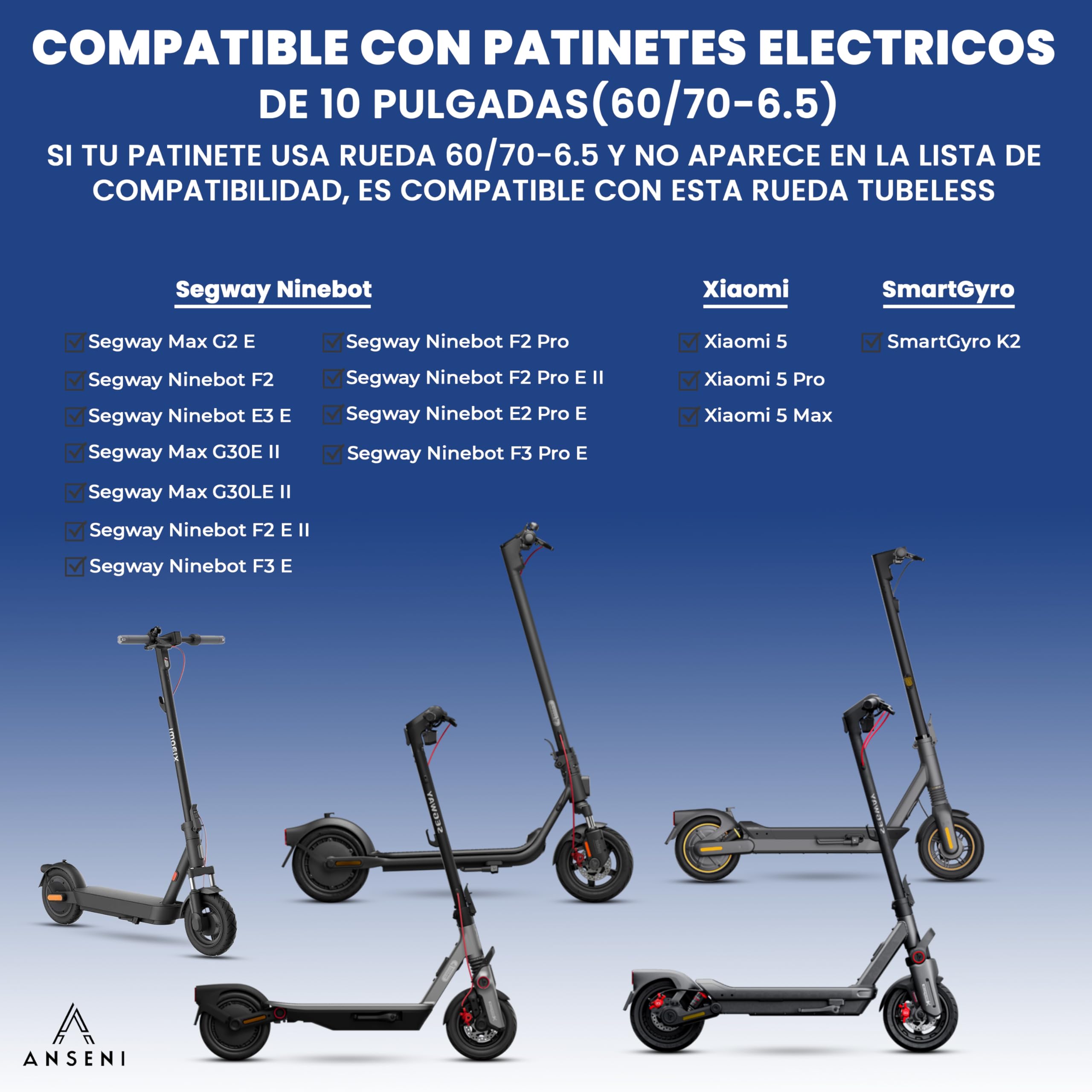 Rueda Tubeless 60/70-6.5 Neumático 10 Pulgadas 10x2.50-6.5 para Segway Ninebot E3 E, Max G30/G30D, Xiaomi 5/5 Pro/5 Max, Smartgyro K2