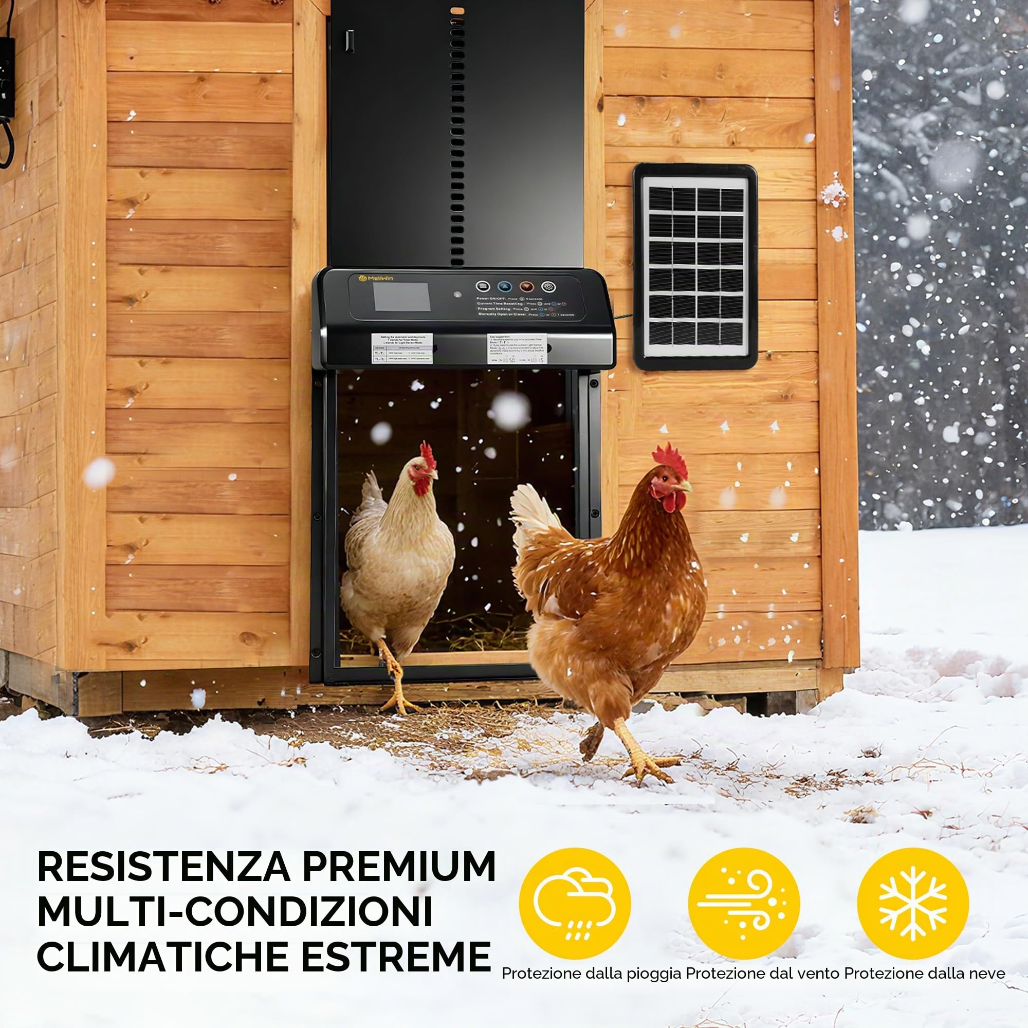 Porta per pollaio automatica solare MELLWIN con display LED, sensore di luce e timer, porta pollaio, porta automatica pollaio anti-predatori, resistente all’inverno