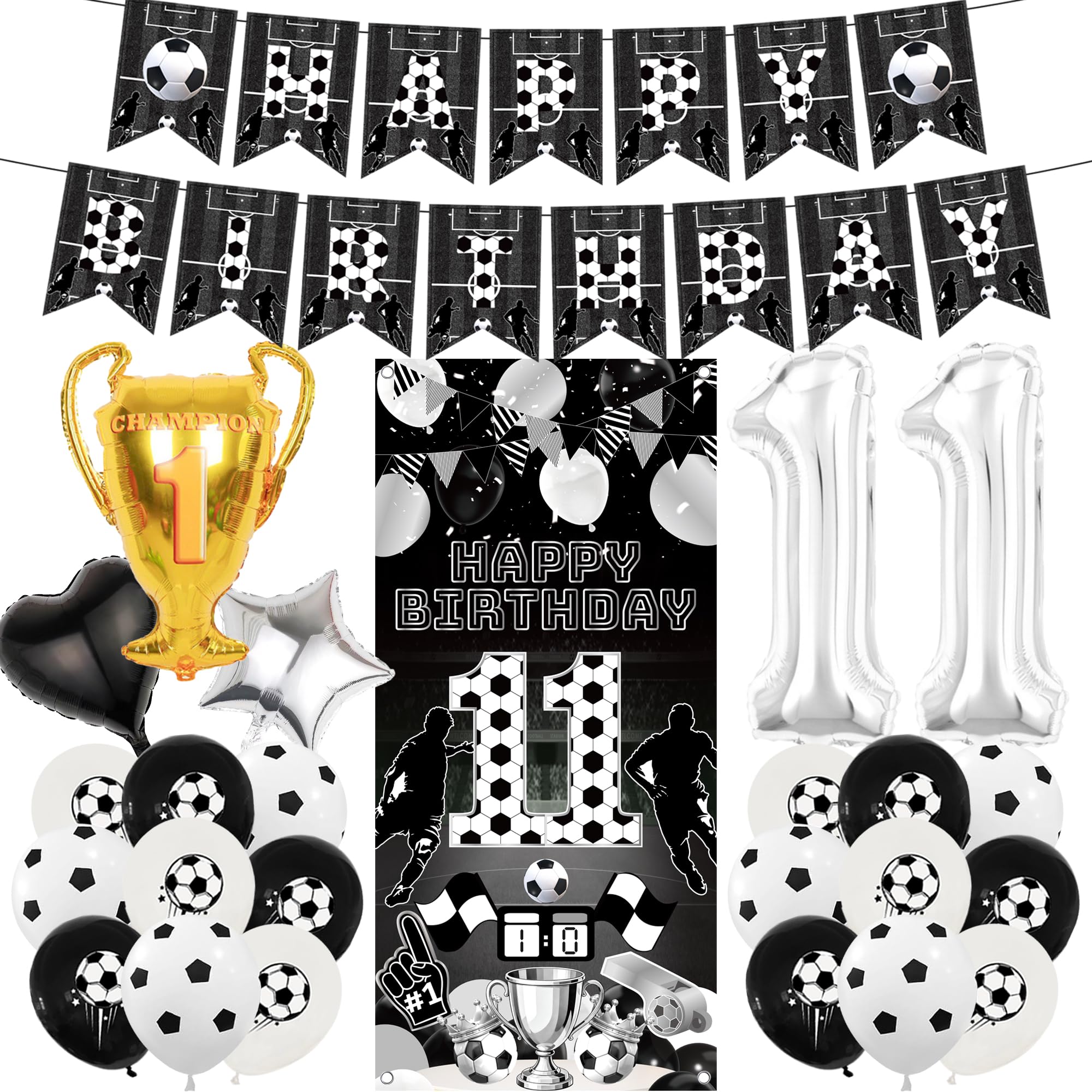 Football 11th Birthday Decorations Banner - 26 Pcs Pre-Strung Black Silver Birthday Banner Number Trophy Balloons Sports Backdrop Door Decor For Kids Boys 11 Year Old Football Themed Party Supplies