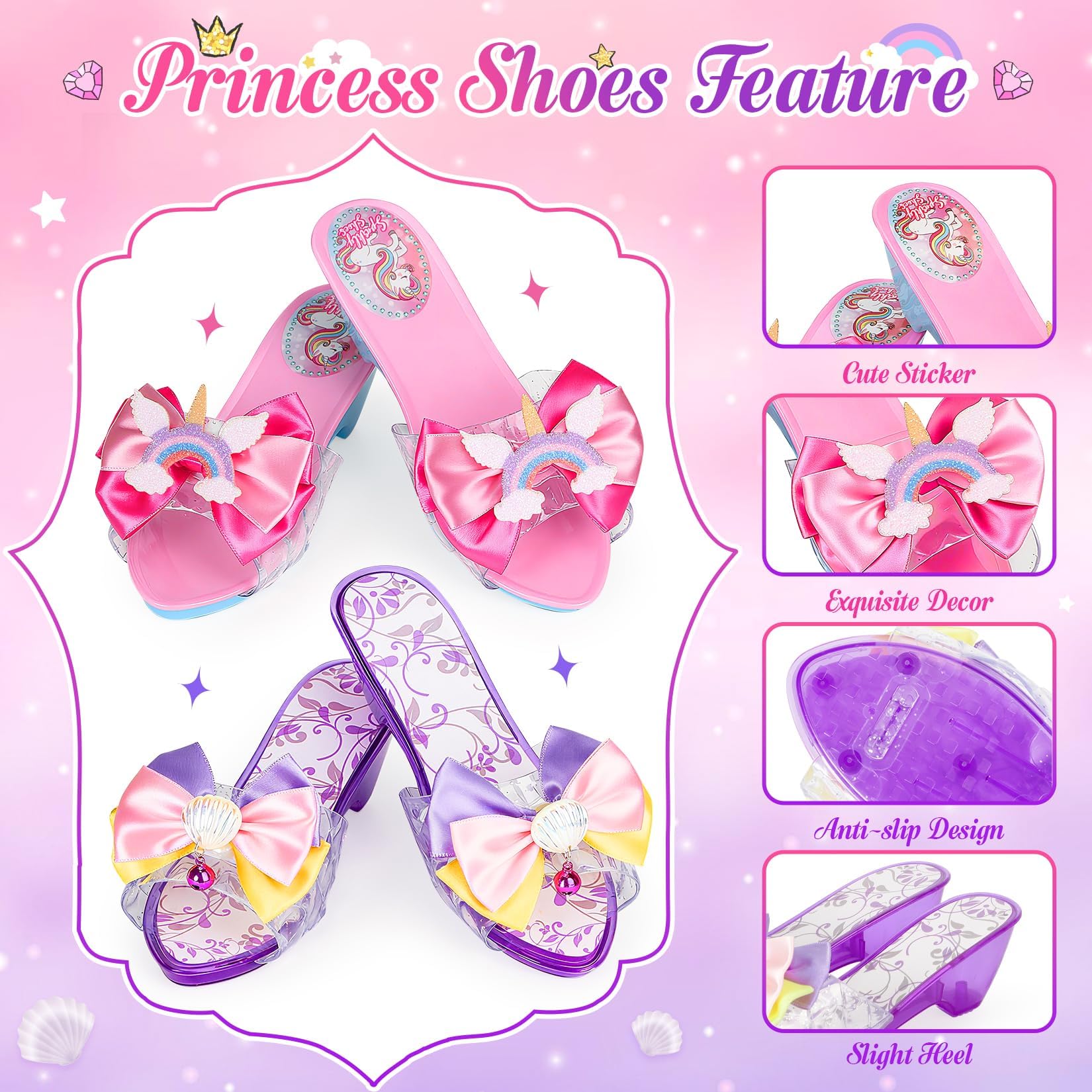 Prinzessin Schuhe Mädchen, Kinder Stöckelschuhe mit Absatz, Zubehör Set mit Krone Zauberstab Schmuck,Glitzer Design,Spielset Verkleidung Karneval,Rollenspiel Zubehör,Geburtstag Weihnachten für Mädchen