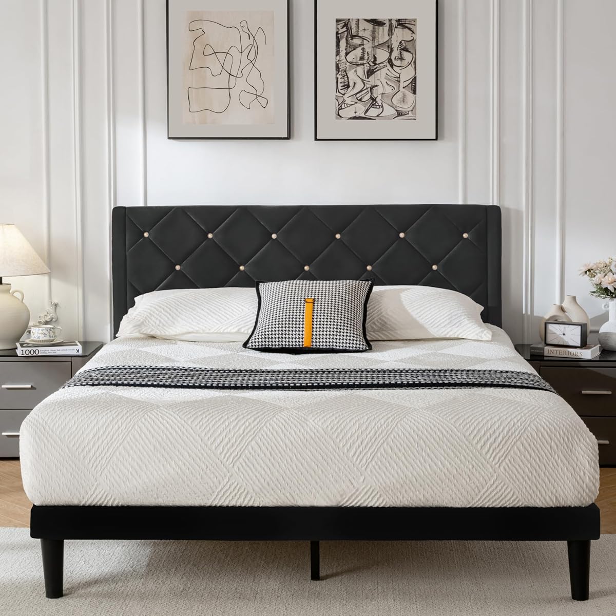 Full Size Platform Bed Frame with Velvet Upholstered Headboard and Sturdy Wooden Slats Support,Mattress Foundation，Easy Assembly, No Box Spring Needed,Slip Resistant (Black, Full)