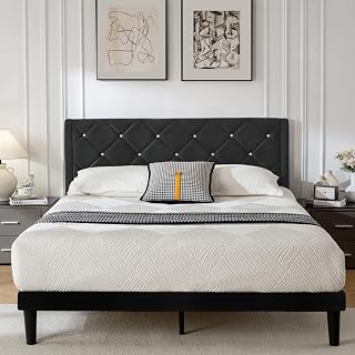 DUMGTIF Queen Bed Frame with Velvet Upholstered Headboard, Sturdy Wood Slats, No Box Spring, Easy Assembly - Black Platform