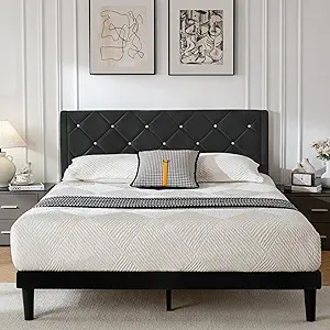 Full Size Platform Bed Frame with Velvet Upholstered Headboard and Sturdy Wooden Slats Support,Mattress Foundation，Easy Assembly, No Box Spring Needed,Slip Resistant (Black, Full)