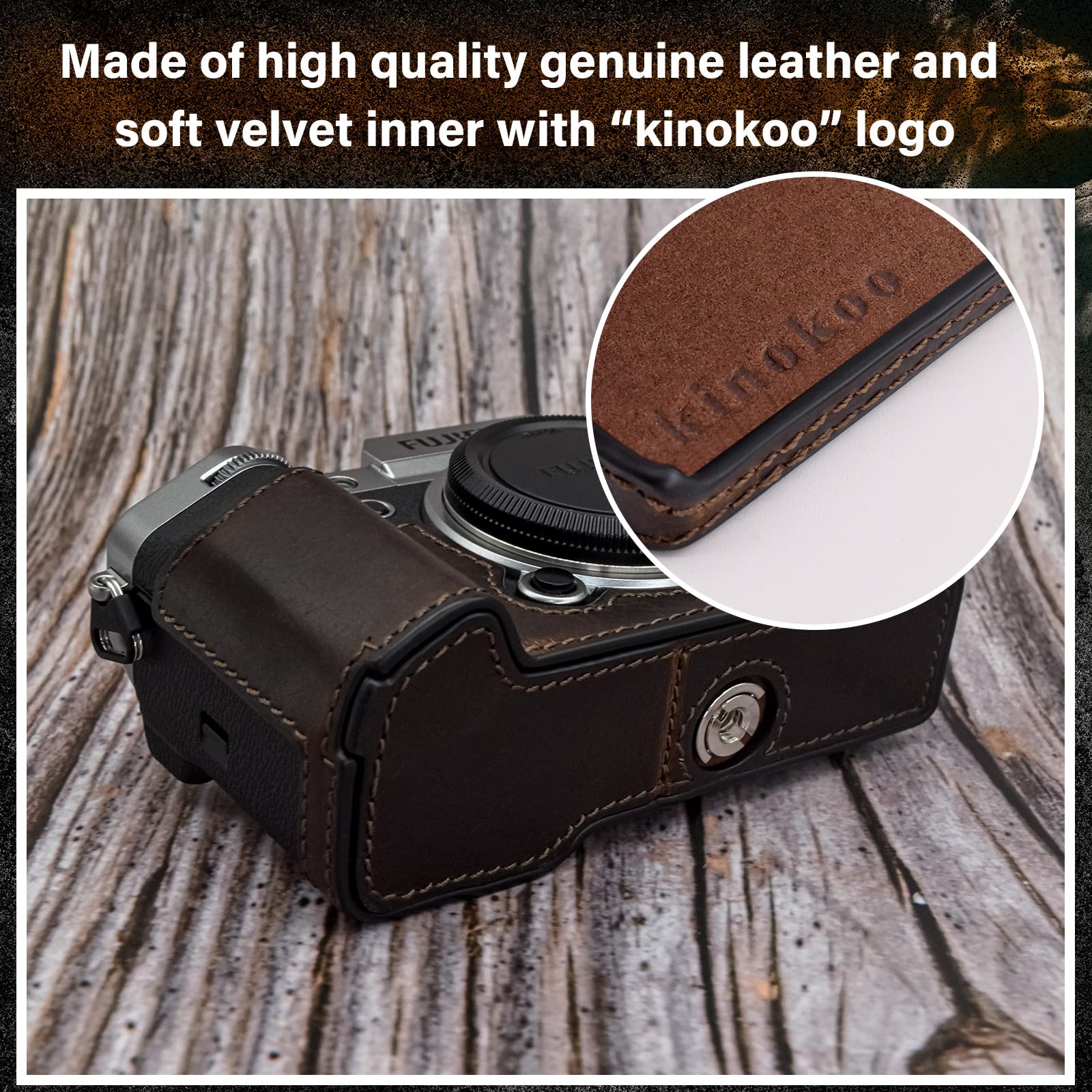 MUZIRI KINOKOO Coque inférieure en cuir véritable compatible avec appareil photo Fuji XT5/X-T5, café, Étui pour appareil photo