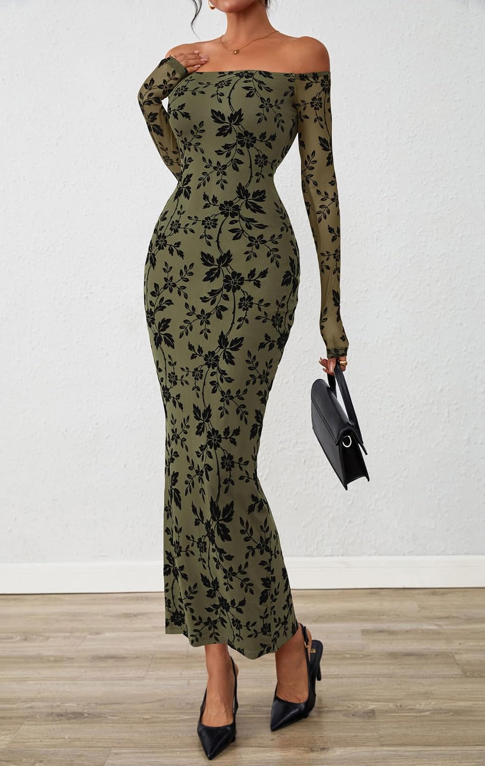 PRETTYGARDEN Womens Off The Shoulder Floral Maxi Bodycon Dress Fall Long Sleeve Mesh Fitted Long Formal Wedding Guest Dresses - Image 4