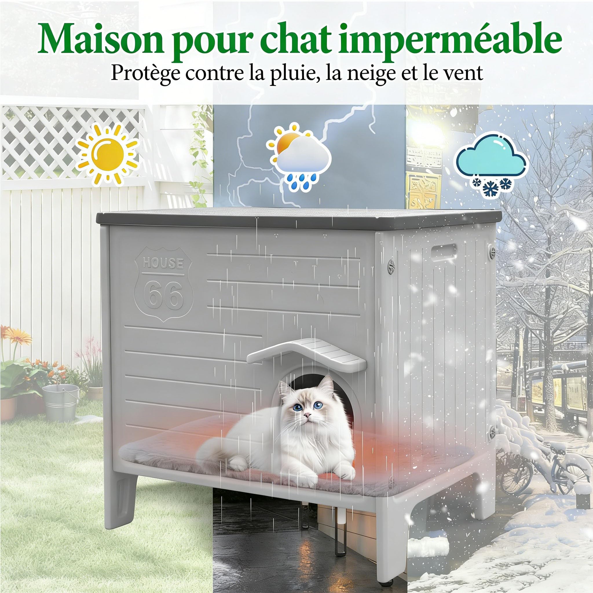 HiCaptain Maison pour chat d'extérieur résistante à l'hiver Chats en plastique sauvage Maison pour chat d'extérieur Abri pour chiot pour petits animaux de compagnie moyens Parc pour animaux de