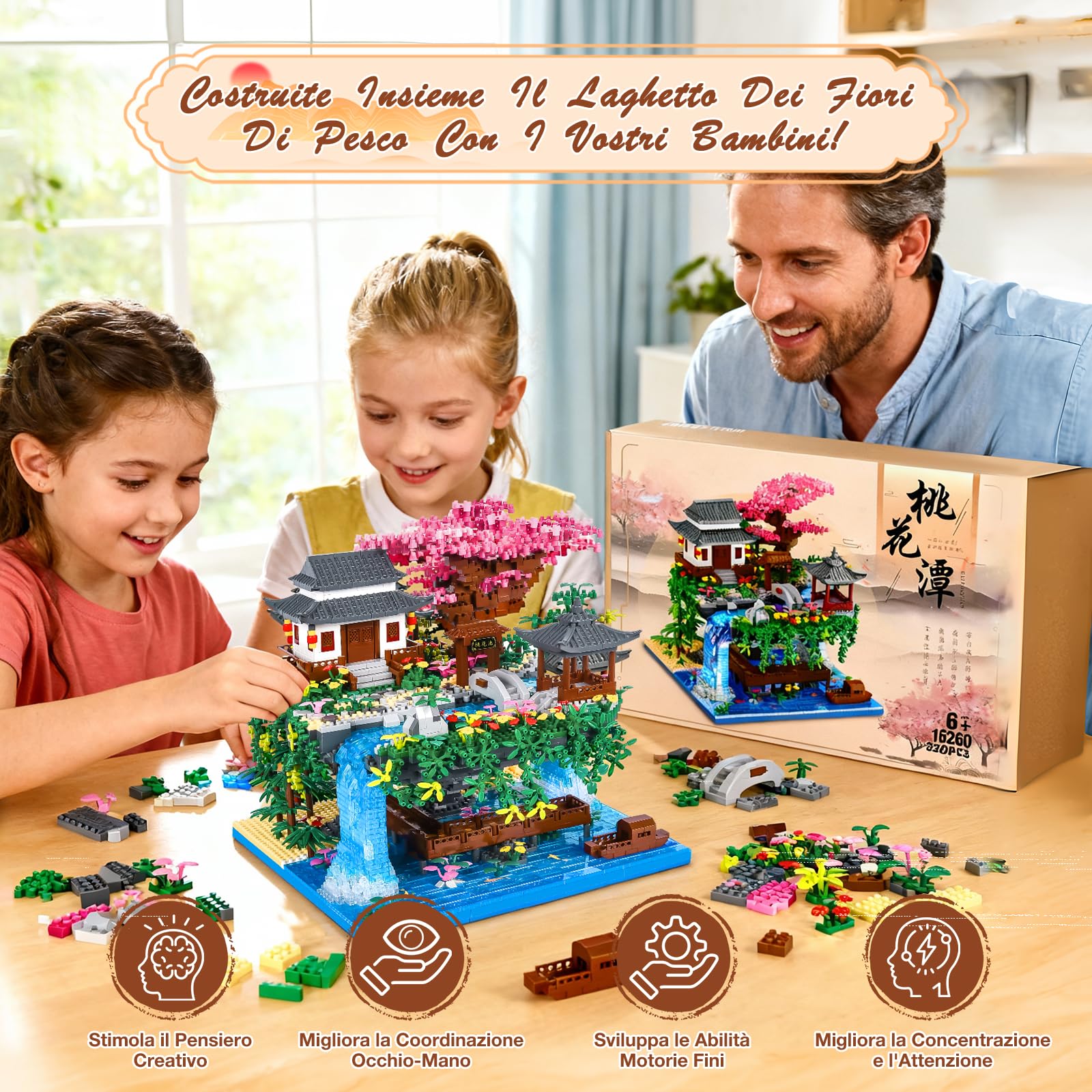 Charmofun 3320pezzi Mini Mattoncini da Costruzione, Set di Mattoncini Costruzione Giardino classici cinesi con LED, Peach Blossom Pool Cinese Architecture, Creative STEM Regalo per bambini e adulti