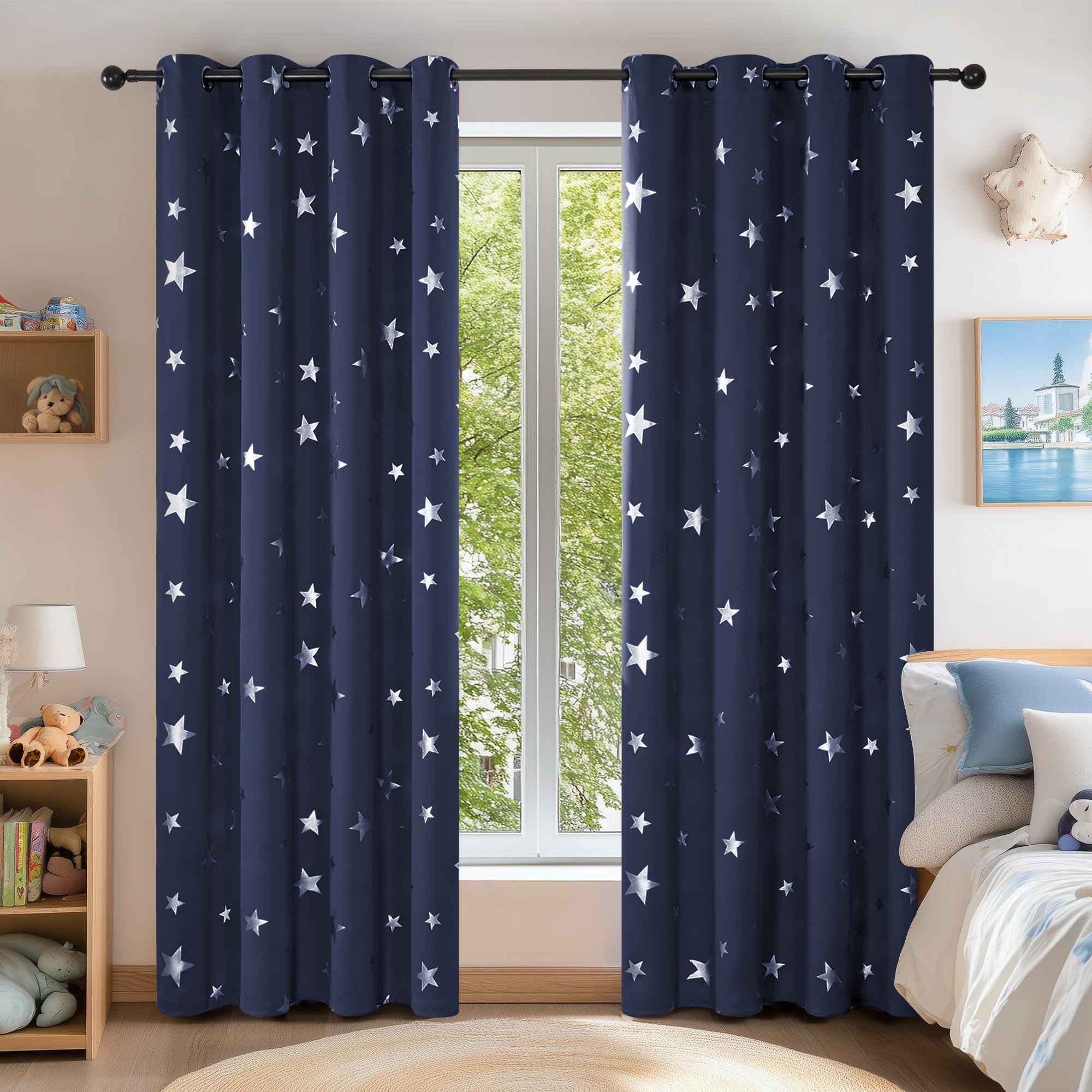 Deconovo Navy Blue Curtains for Living Room Super Soft Thermal Insulated Star Foil Printed Eyelet Blackout Curtains 46 x 54 Inch 2 Panels
