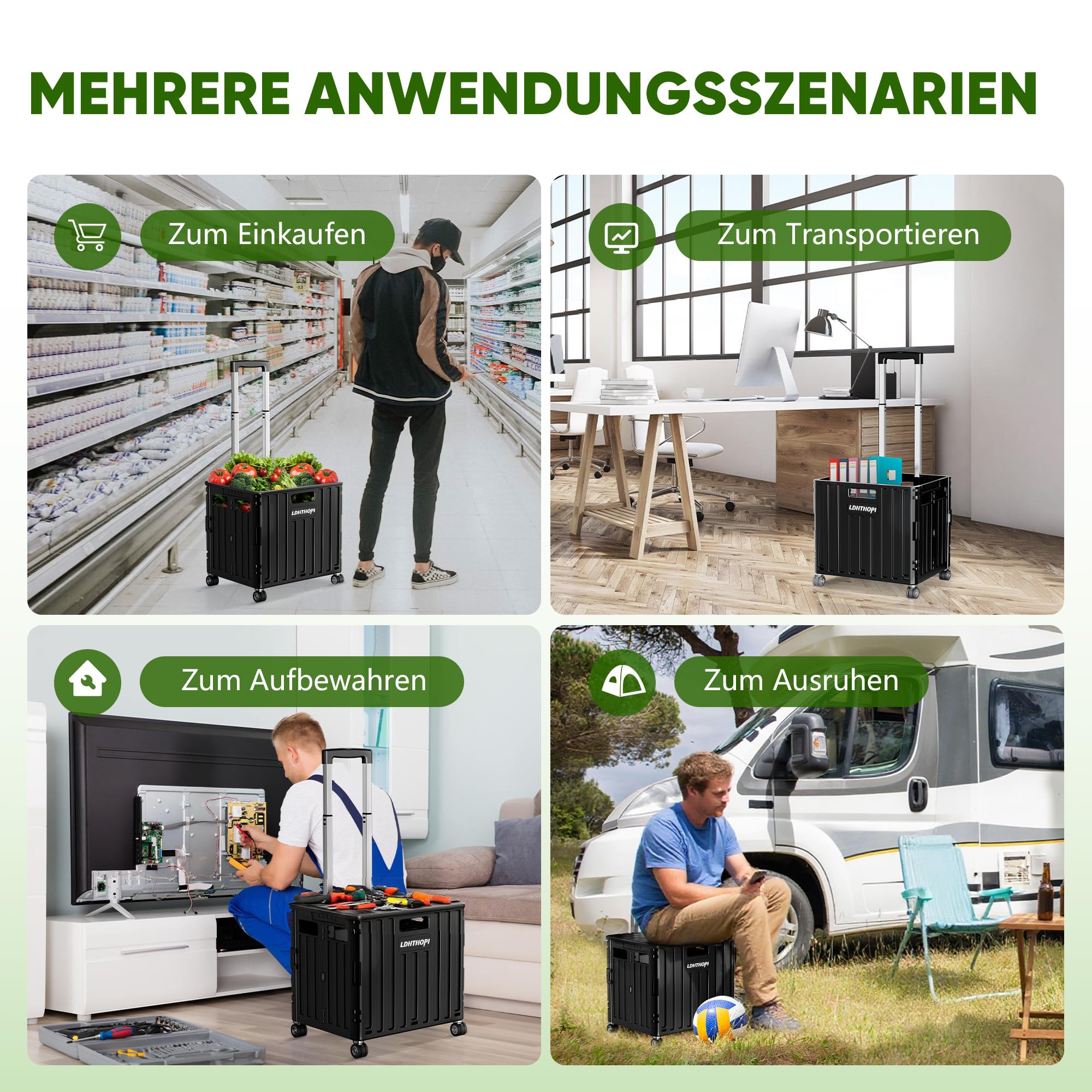 LDHTHOPI Einkaufstrolley klappbar 65L,MAX 50KG Trolley mit Teleskopgriff,4 Zerlegbaren Drehbaren Rädern,100 x 42 x 37 Hohe Kapazität Einkaufstrolley,für Einkaufen Picknick Aufbewahrungskiste,Schwarz