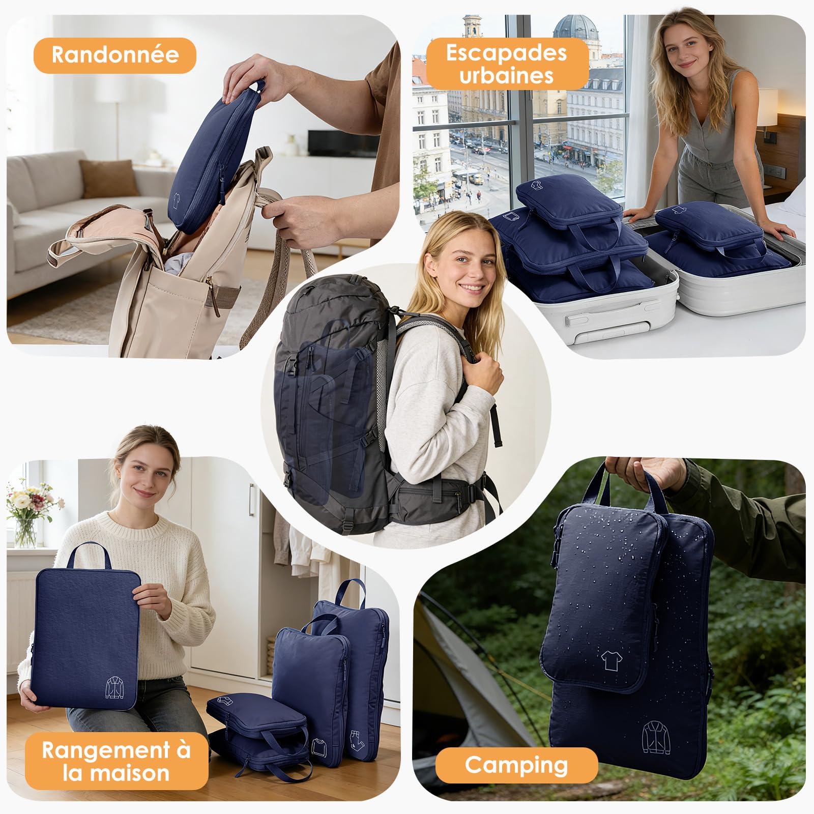 Organisateur Valise Sac Compression Voyage,Organisateur de Voyage Nylon Packing Cubes Compression,Rangement Valise Bagage Sac Compression pour Sac à Dos Bleu Marine