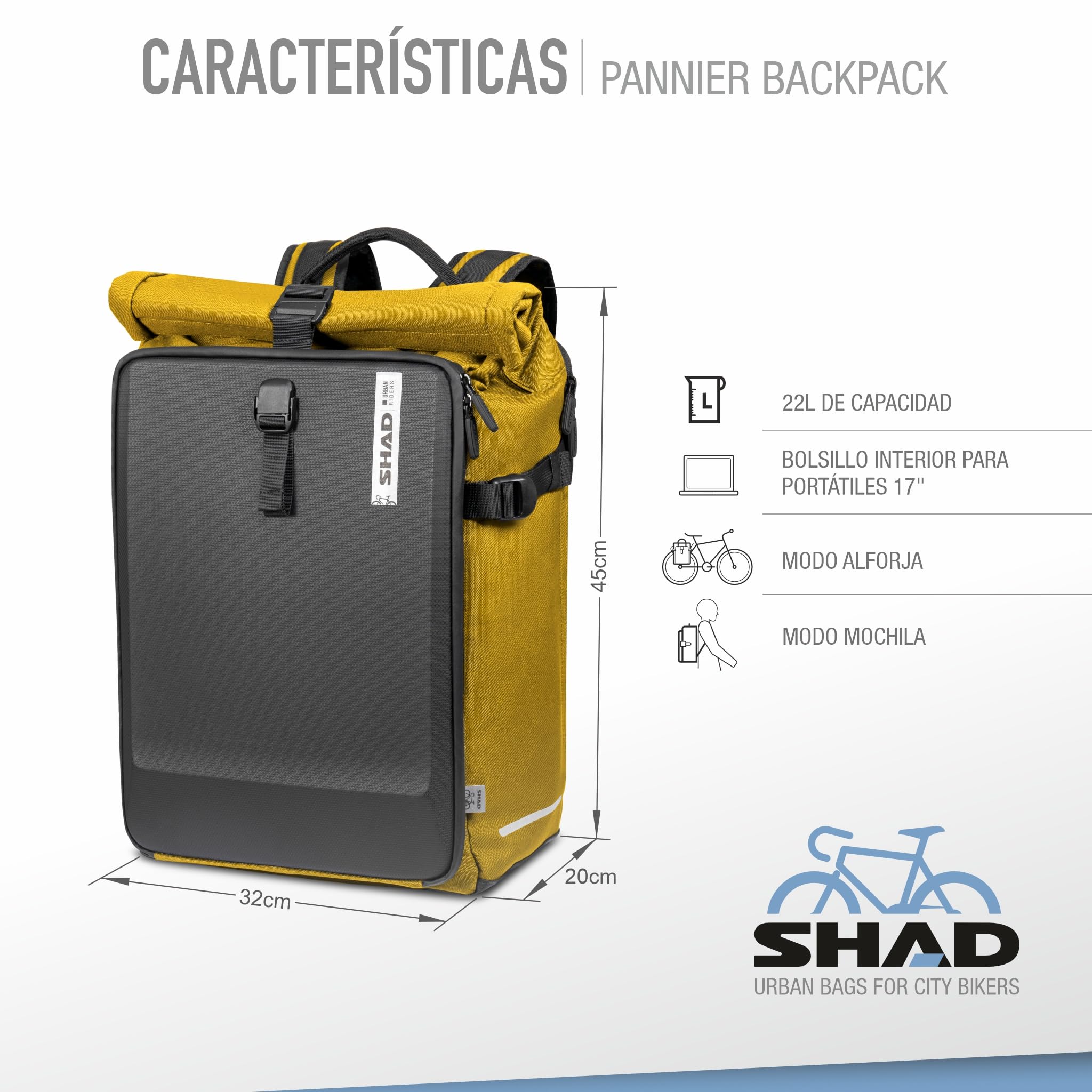 SHAD Bikes - Alforja Bicicleta Daily Pannier Backpack 22L – Mochila Portátil Impermeable 17 Pulgadas – Alforja Trasera Sostenible – Mochila Oficina Urbana Hombre Mujer