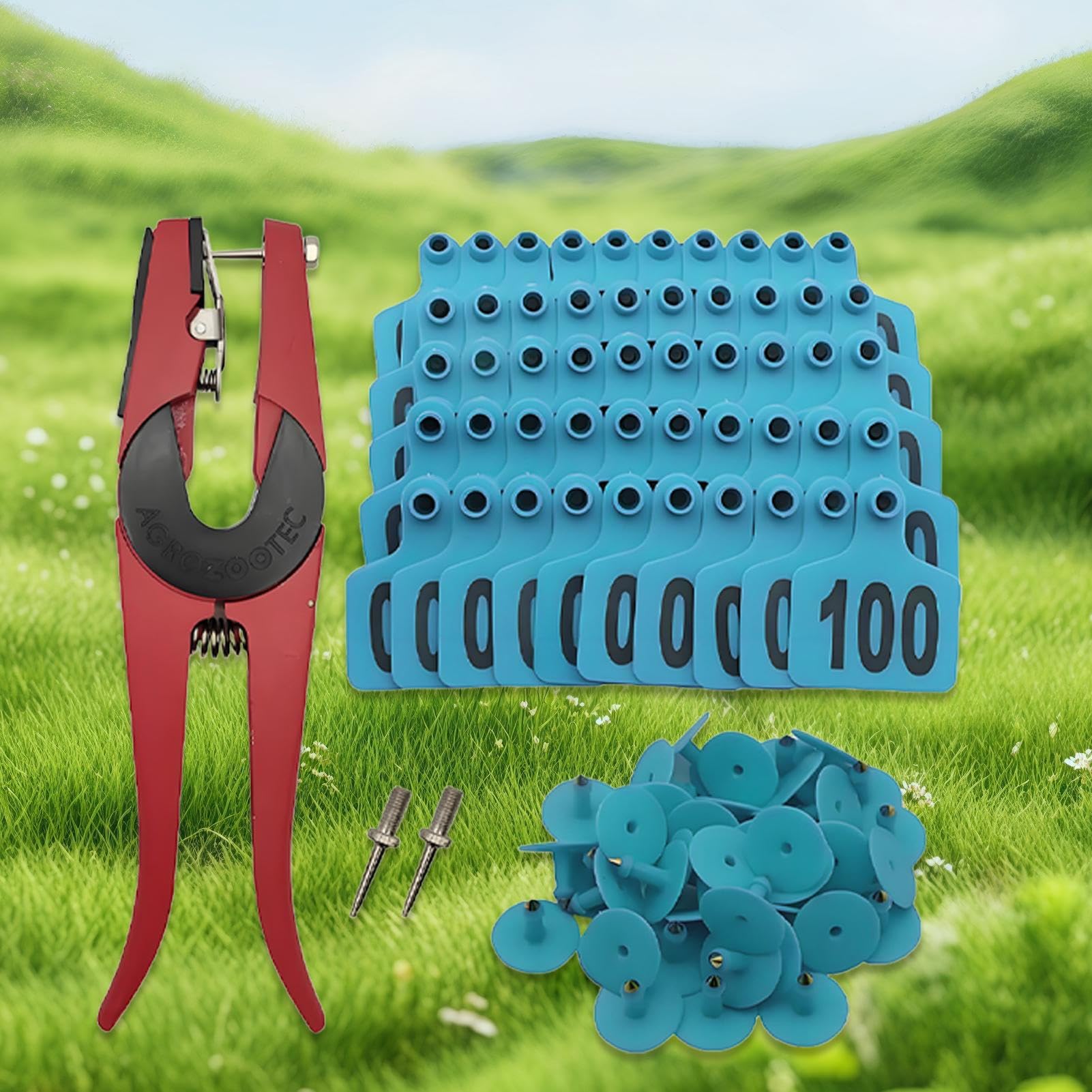 Boucles Auriculaires Pour Bovins | Étiquettes de pour Moutons - Étiquettes Numérotées 001-100 avec Applicateur pour Gestion d'Élevage Bovins Ovins Caprins