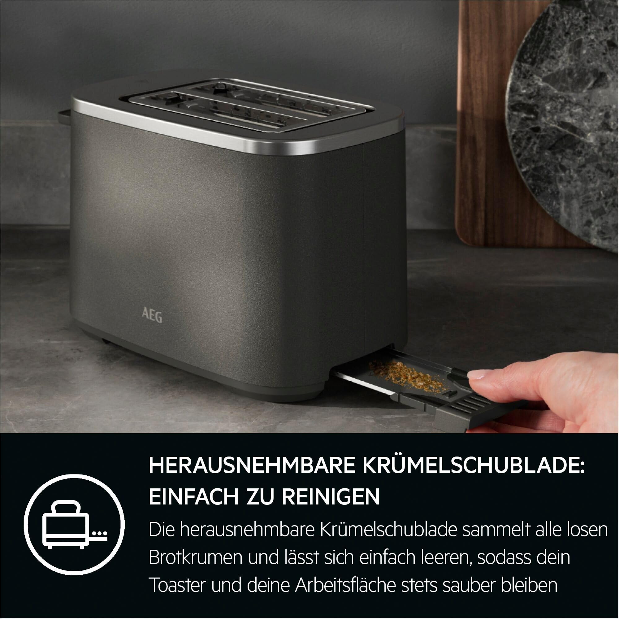 AEG Toaster Deli 5, 7 Toasteinstellungen, Countdown-Timer, Stopp-, Auftau-, Aufwärmknopf, Automatische Zentrierung, Cool-Touch-Gehäuse, 2 Breite Schlitze, Krümelschublade, Anthrazit, T5-1-4AN