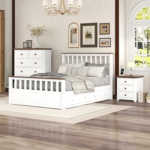 Merax 3 Pieces Modern Rustic Wood Bedroom Furniture Set with Full Size Bed Frame, Closet Dresser, Night Stand with USB Charging, Easy Assemble White+Walnut