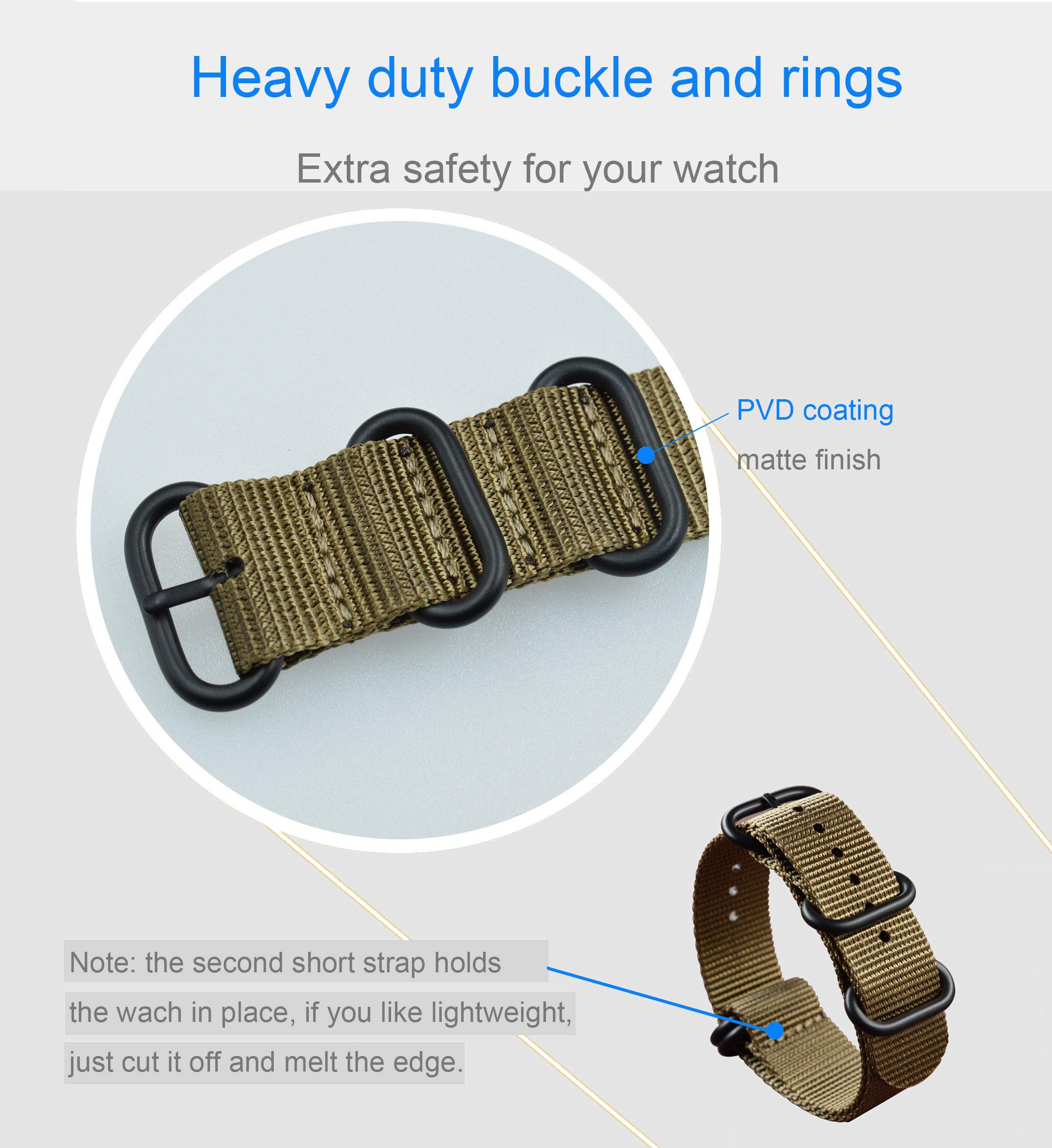 MZBUTIQ 18mm Khaki Men's Ballistic Nylon Watch Strap Replacemet Band Wrist Band 5 Rings