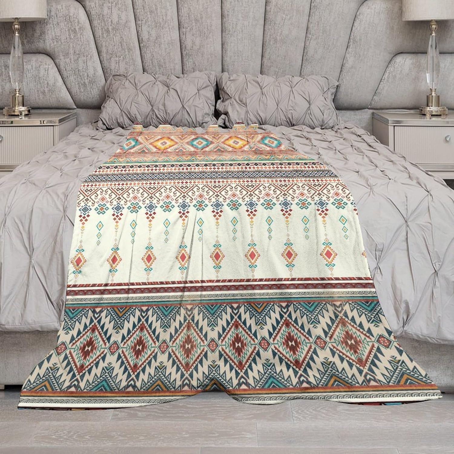 Aztec Native Tribal Blanket, Retro Abstract Triangular Geometric Vintage Red Tan Pattern Cozy Soft Fluffy Warm Flannel Throw Blanket, Plush Blanket for Couch, Sofa, Chair, Bed, All Season, 40x50in