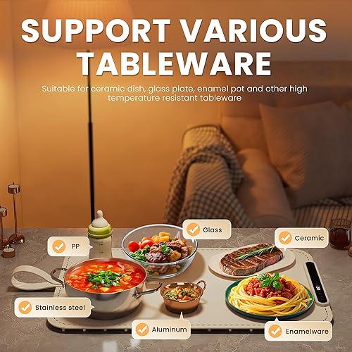 Miniatura 3 de Tapete de calentamiento para alimentos Bandeja de calentamiento eléctrica, calentador de alimentos de superficie completa con 6 ajustes