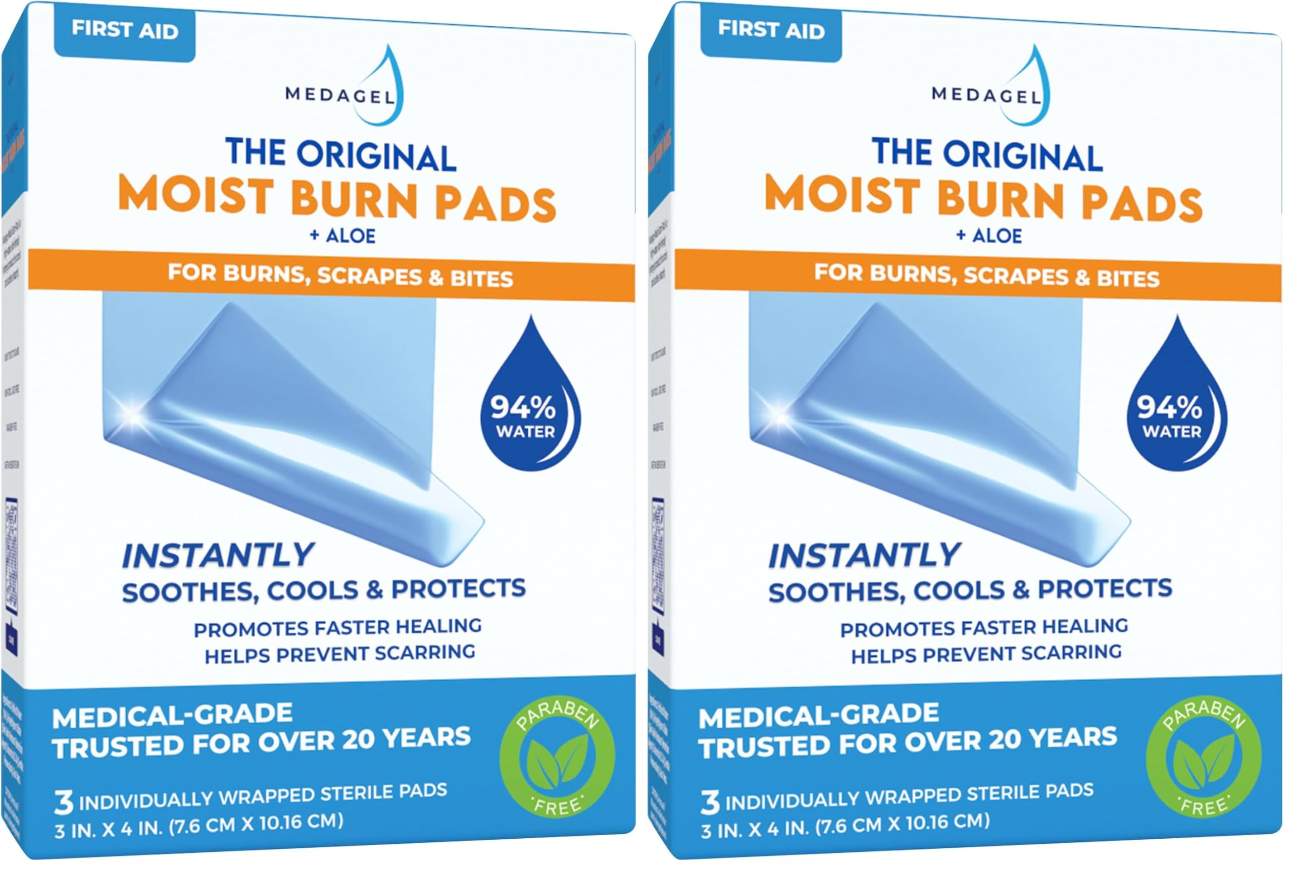Medagel The Original Moist Burn Pad - Hydrogel Healing Pads, Soothing & Moist Skin Care Patch for Burns & Wounds, 3” x 4” Dressing (Pack of 2)