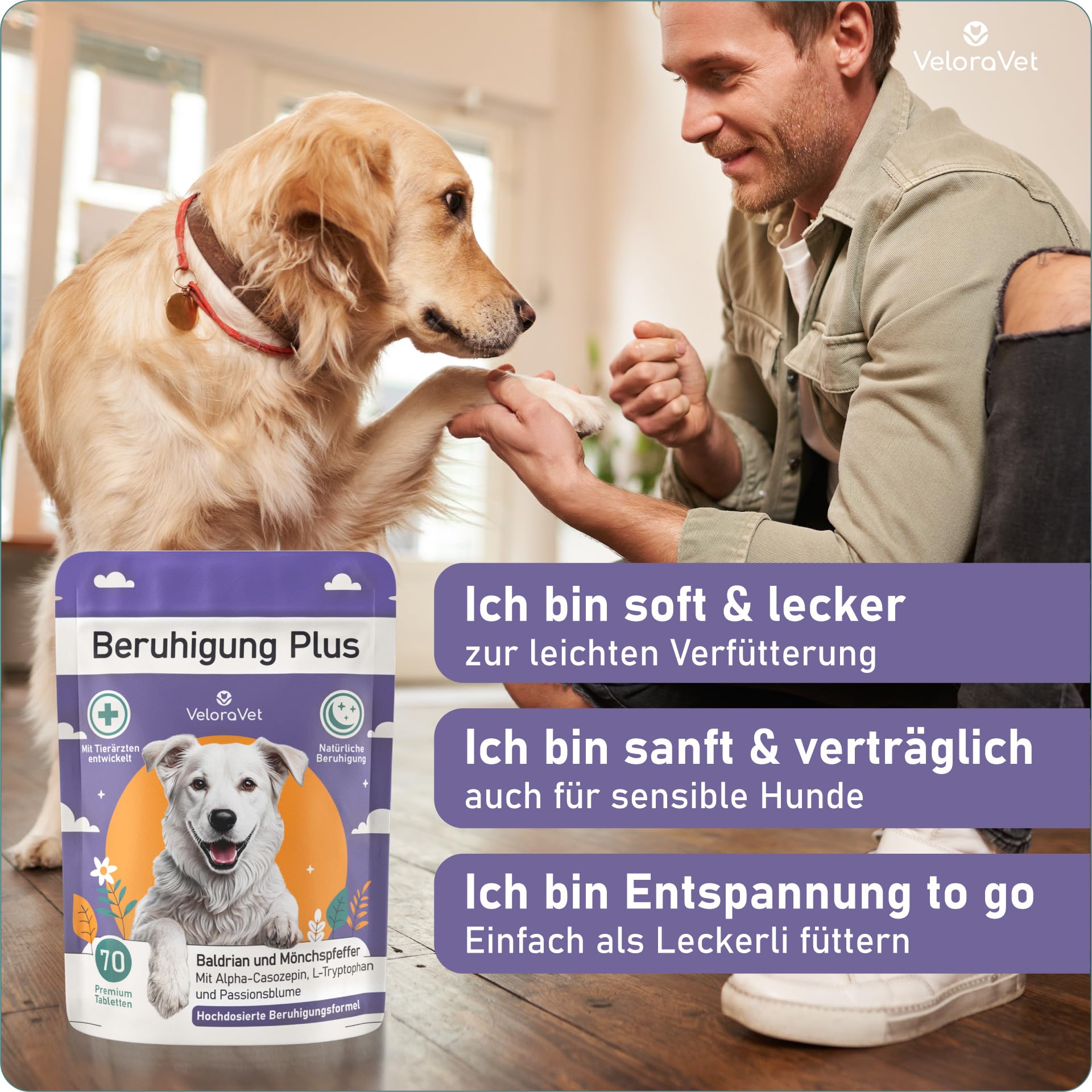 Beruhigungsmittel für Hunde mit Baldrian, Kamille - Natürliche Beruhigung & Seelenruhe als leckerer Snack für deinen Hund - Ideal bei Angst, Stress, Silvester, Autofahren - 70 Stück