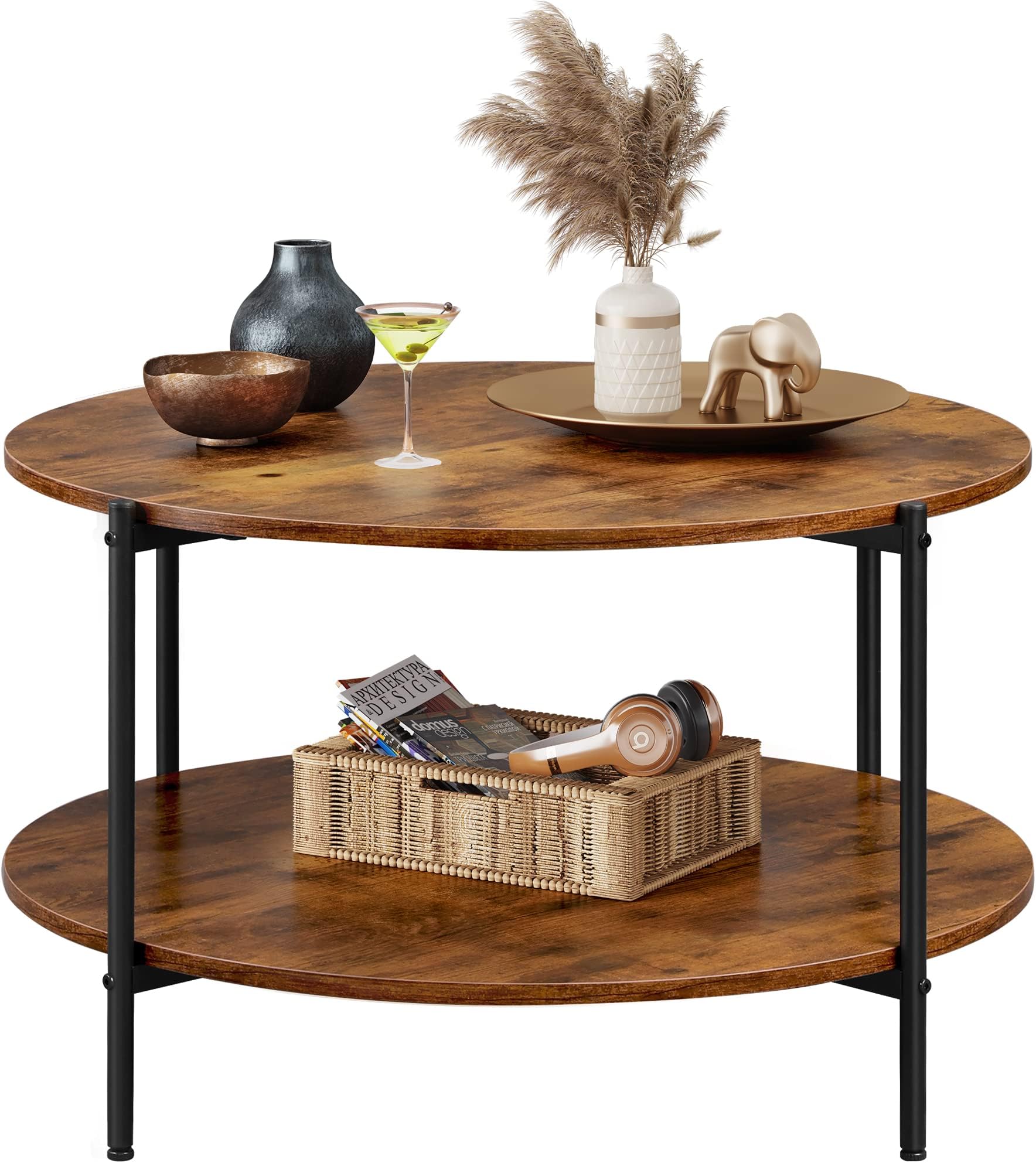 Round Coffee Table, 32.6" Small Coffee Table with Storage Shelf, 2-Tier Circle Wood Center Table for Living Room, Apartment, Rustic Brown