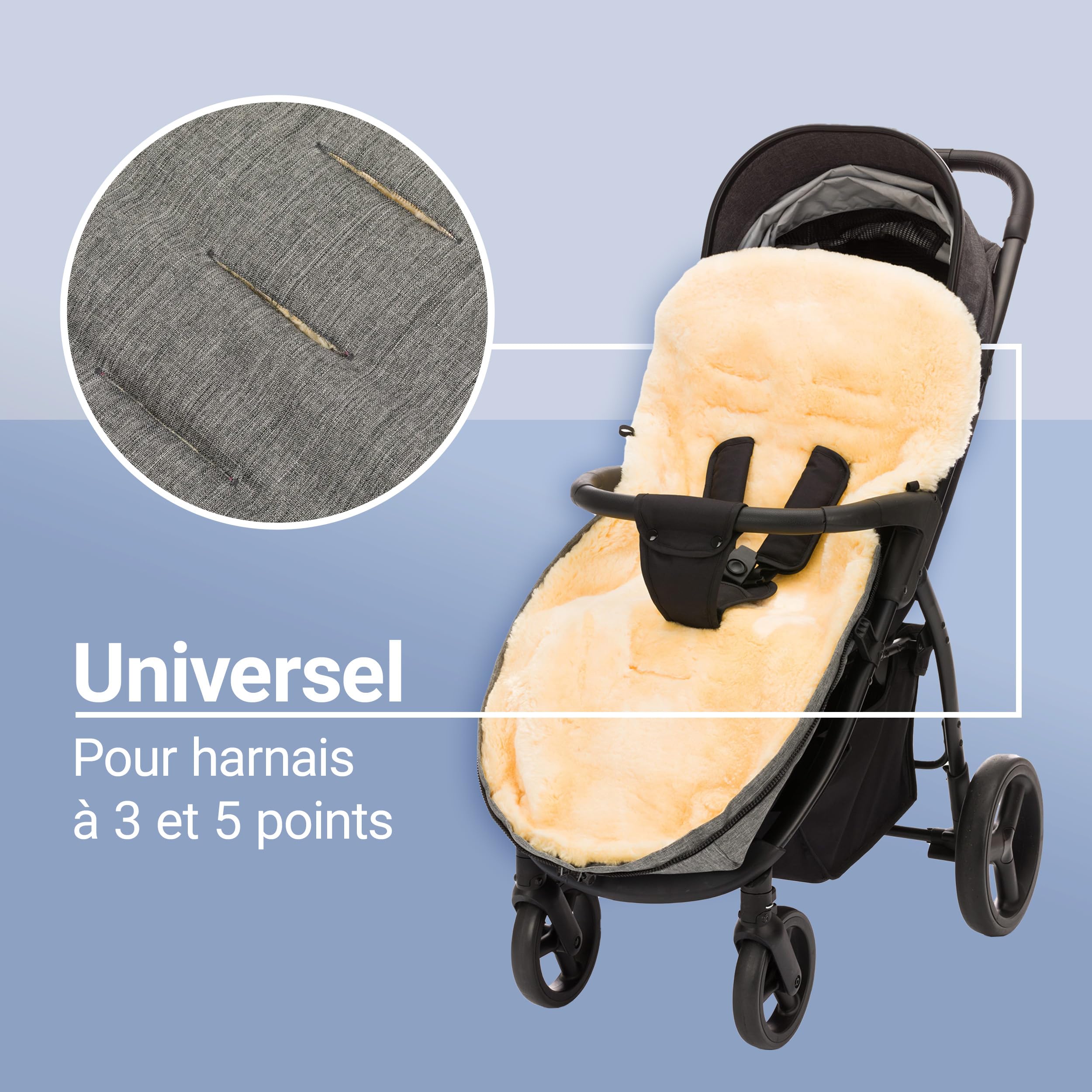 Zamboo Chanceliere Universelle pour Poussette en Peau d'agneau, 2 en 1 Nid d'ange Bebe Hiver et Insert Siège Poussette en Laine de Mouton Mérinos Naturelle, Chaude et Respirante – Gris