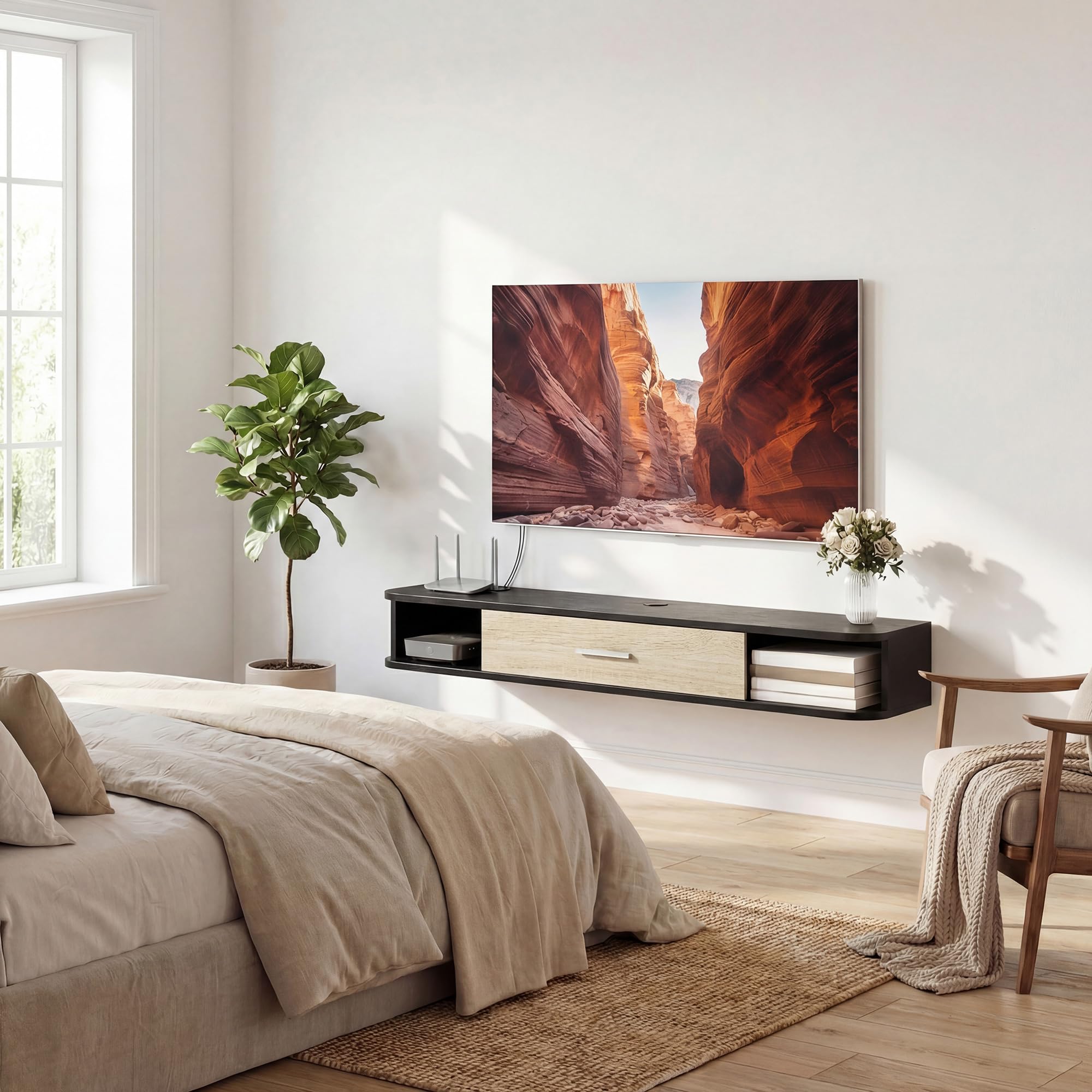 HOMCOM Meuble TV Suspendu 120 cm, Meuble télé pour téléviseur jusqu'à 50 Pouces avec Porte Rabattable, 2 Étagères Ouvertes et Passe-câbles, Banc TV Flottant pour Salon et Chambre, Noir et Chêne