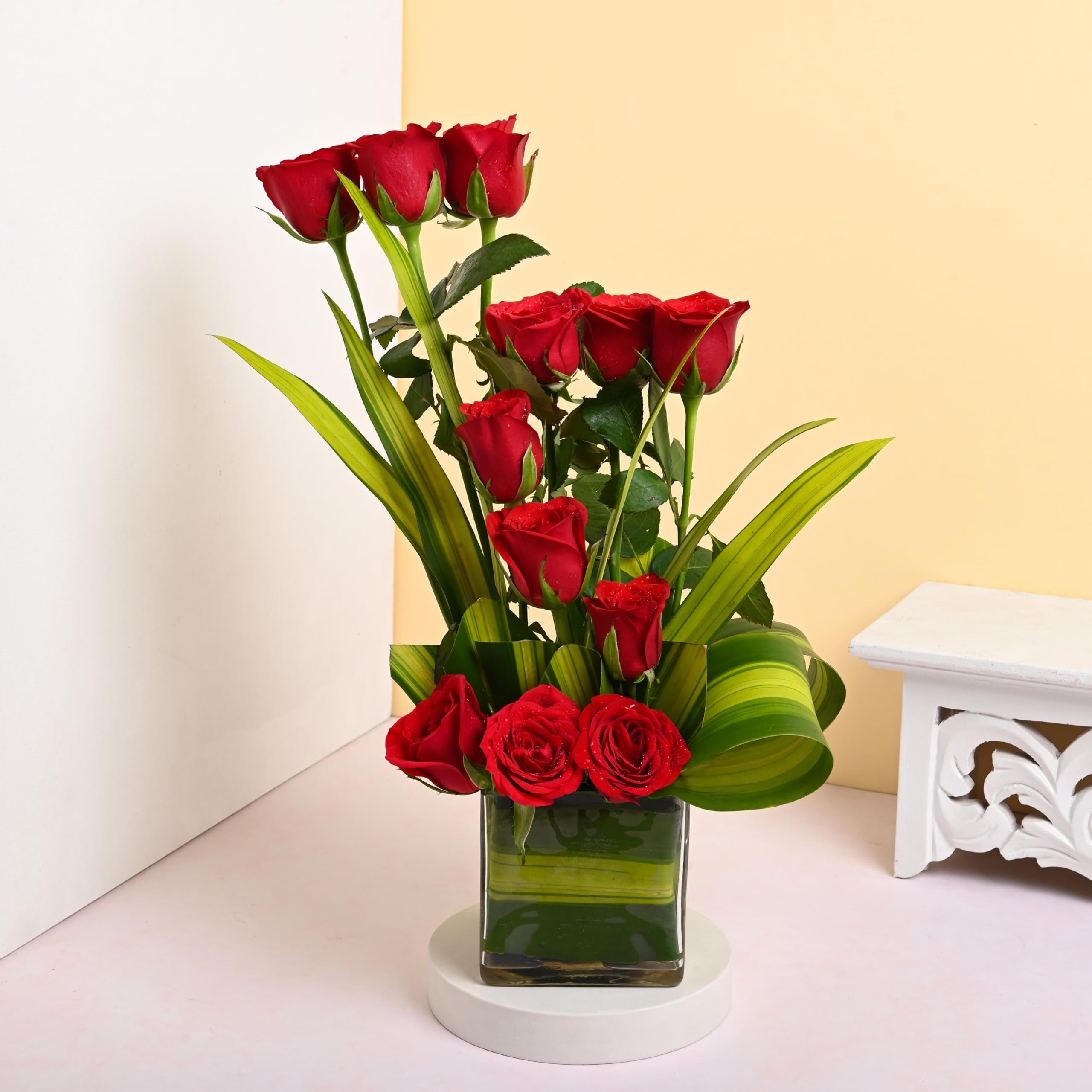 Premium Fresh Live Flower Bouquet of 12 Silky Red Roses In Glass Vase Gift For Birthday | Anniversary | Love | Home Decor | Mothers Day Gift For Mom (Same Day Delivery)