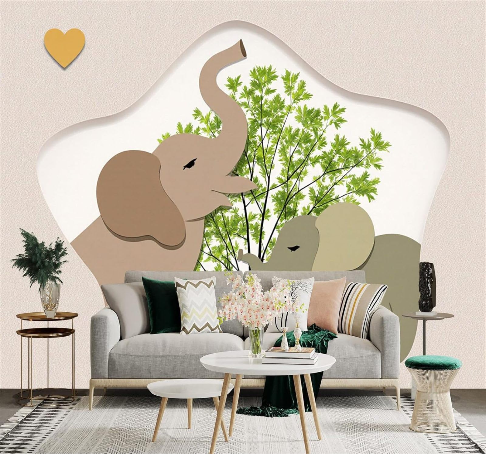 Xlming 400Cm×280Cm(B×H) Green Leaves Heart Shaped Art Cartoon Elephant 3D Wallpaper Silky Texture Home Study Office Grey Dining Room Sofa Bedroom Living Room Tv Backdrop-400Cm×280Cm
