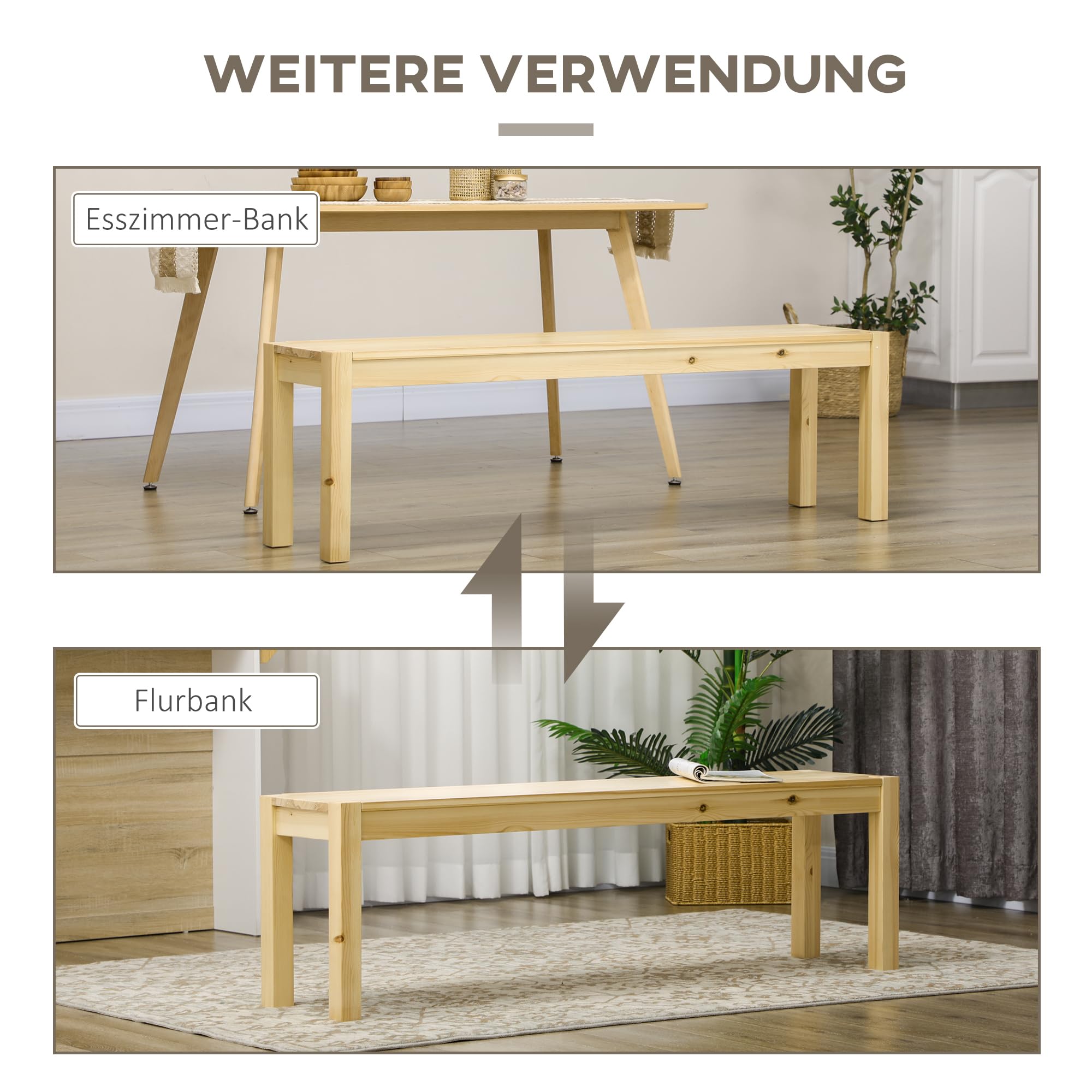 HOMCOM Sitzbank 3-Sitzer Holzbank Küchenbank im Landhaus-Stil, Essbank für Wohnzimmer, Küche, Eingang, Kiefernholz, bis 330 kg belastbar, 150 x 33 x 45 cm, Natur