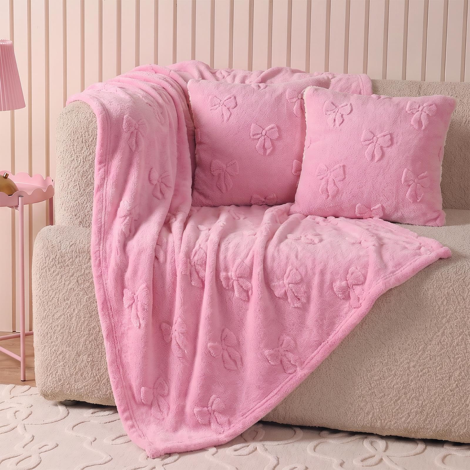 OHS Bow Tufted Teddy Fleece Blanket Throws for Sofas, Blush Pink 125x150cm — image 1