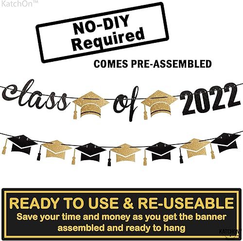 Miniatura 2 de Banner negro y dorado para la clase de 2022, 10 pies, sin bricolaje, pancarta de graduación 2022 con guirnalda de gorra de graduación, decoraciones