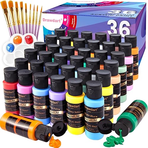 Drawdart Juego de pintura acrílica, suministros de pintura de 36 colores para lienzo, tela de madera, manualidades de cerámica, pigmentos no tóxicos