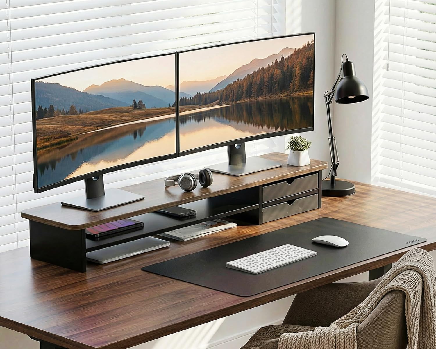 Fenge Dual Monitor Stand & Desk Pad Mat Bundle, 42.5 Inch Ergonomic Monitor Riser and Double-Sided Waterproof Desk Mat, All-in-One Desktop Organizer Set for Home Office