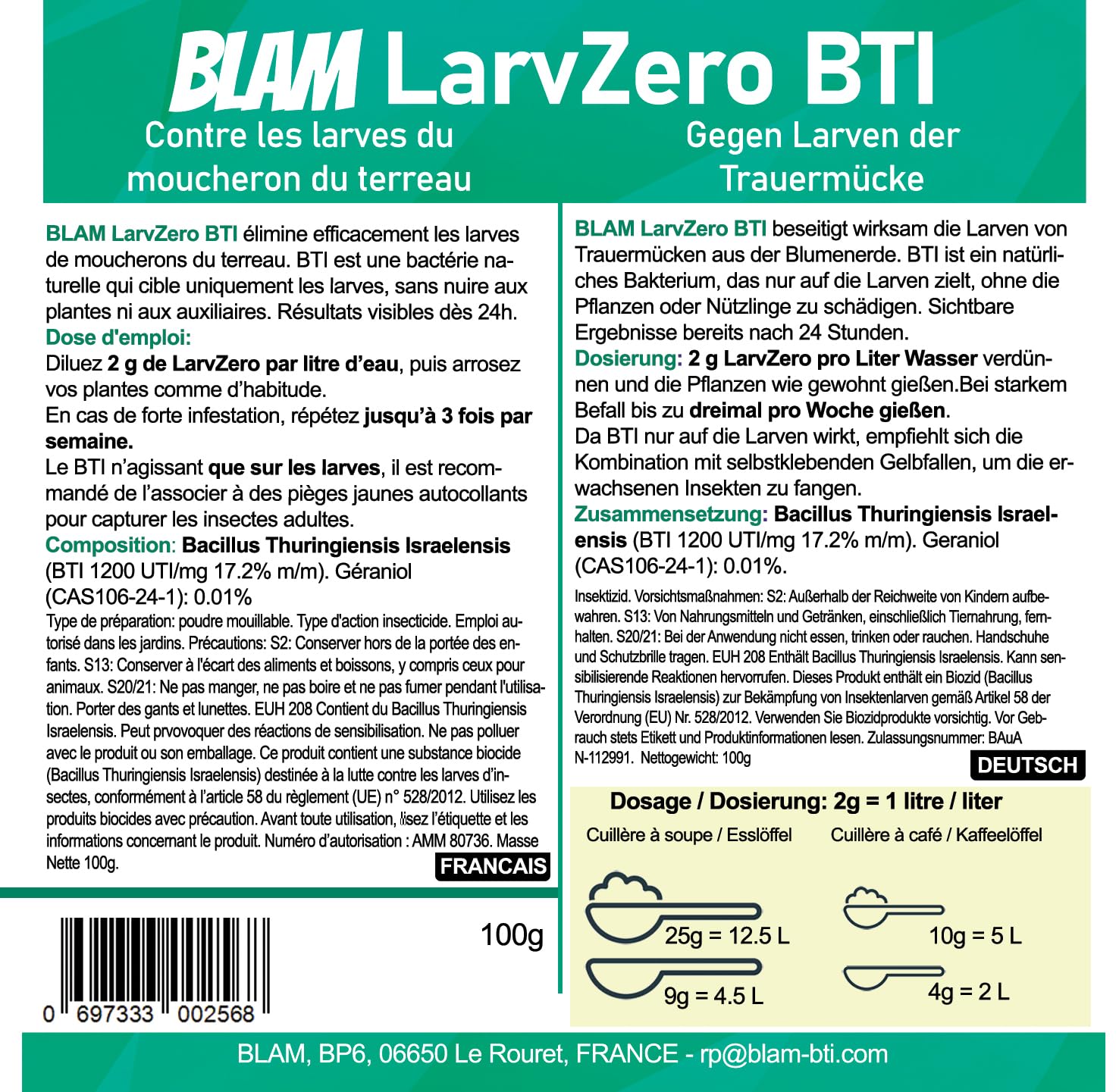 BLAM LarvZero BTI 100g – Larvicide naturel contre les mouches du terreau (Sciaridae) – Bacillus Thuringiensis Israelensis concentré pour 50L de solution