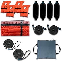 BLUESTORM Boat Pack with Boat Fenders, Fender Lines, Type II Orange PFD's with Clear Carry Case, 2 Dock Lines and 1 Throw Cushion.