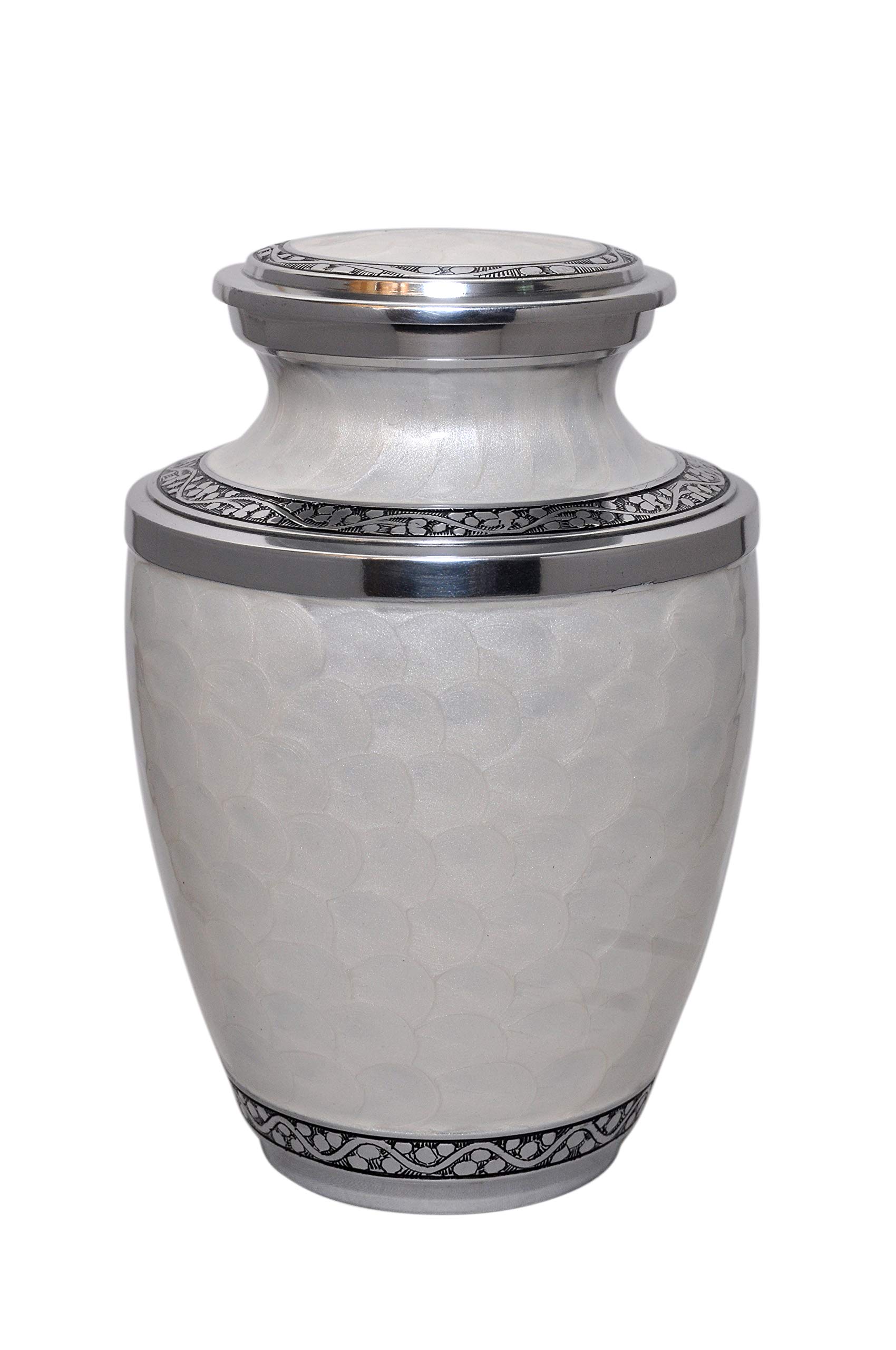 Love to Treasure Large White Pearl and Silver Enamel Urn in Aluminium for Adult or Pet Dog Ashes Cremains Memorial