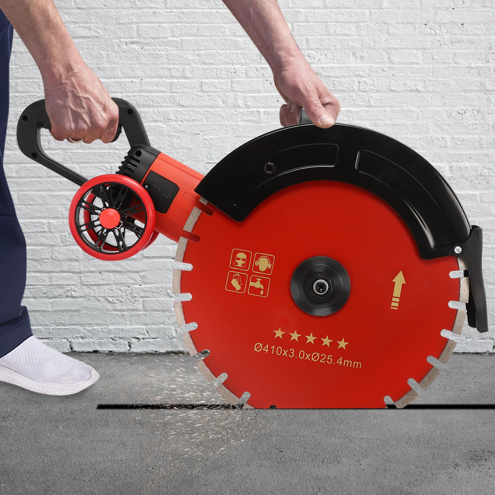 Scie A Béton Tronçonneuse A Pavés Avec Disque Diamant De 410MM 4000W Disque A Tronçonner Diamante Dents De Protection Pour Couper Meuler Béton Marbre Granit Scie A Béton Electrique 3000RPM
