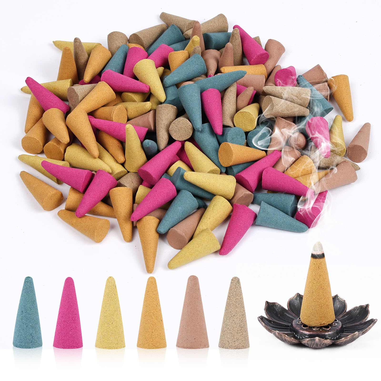 Cônes D'encens 120 Pcs Naturel avec 1 Porte-Encens 6 Parfums Rose Jasmin Osmanthus Océan Bois de Santal Armoise