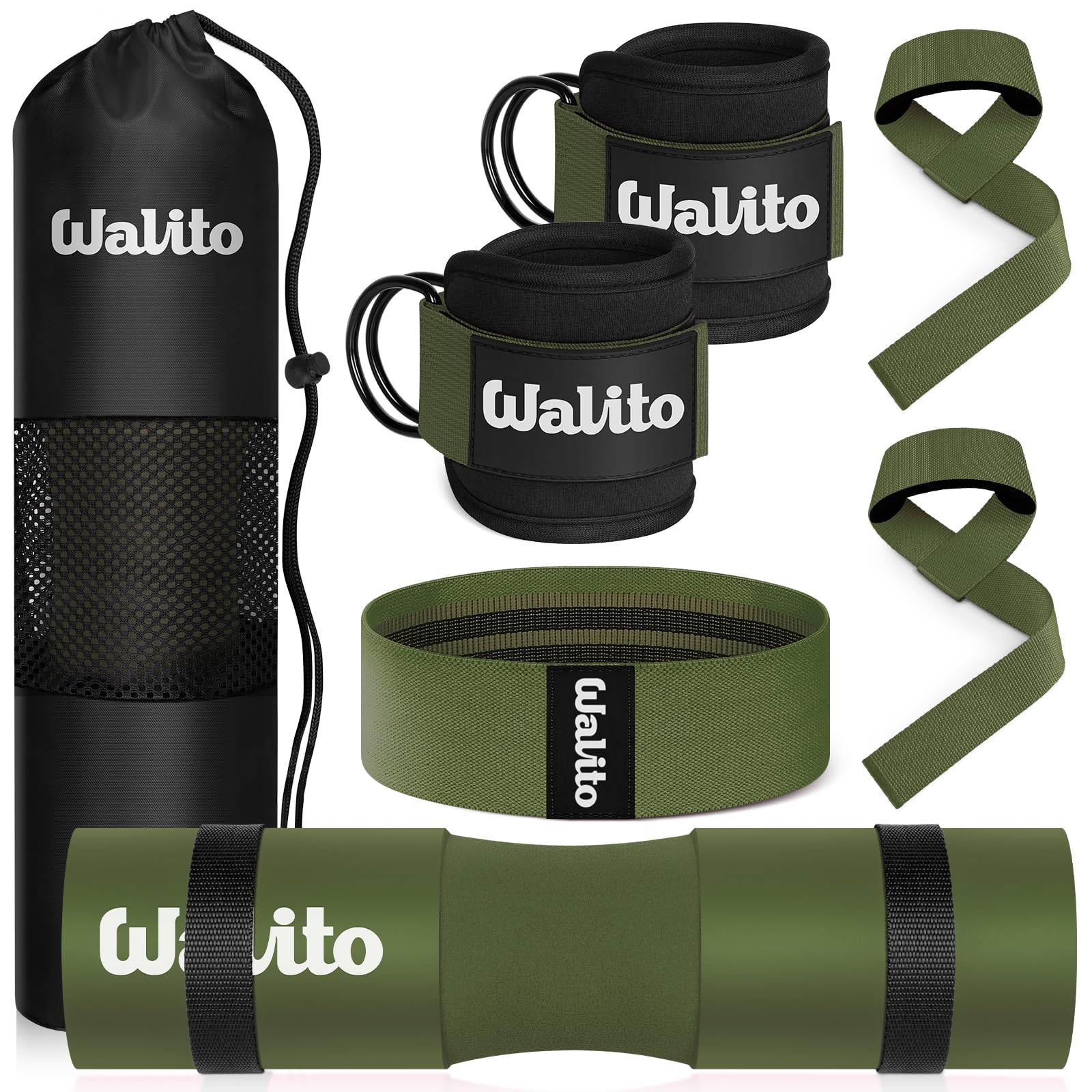 WALITO 8Pcs Barbell Pad Set for Hip Thrust - Squat Pad,Gym Accessories for Women with Bar Bad,Bench Press, with Gym Ankle Straps,Resistance Bands for Working Out,Lifting Strap,Carry Bag