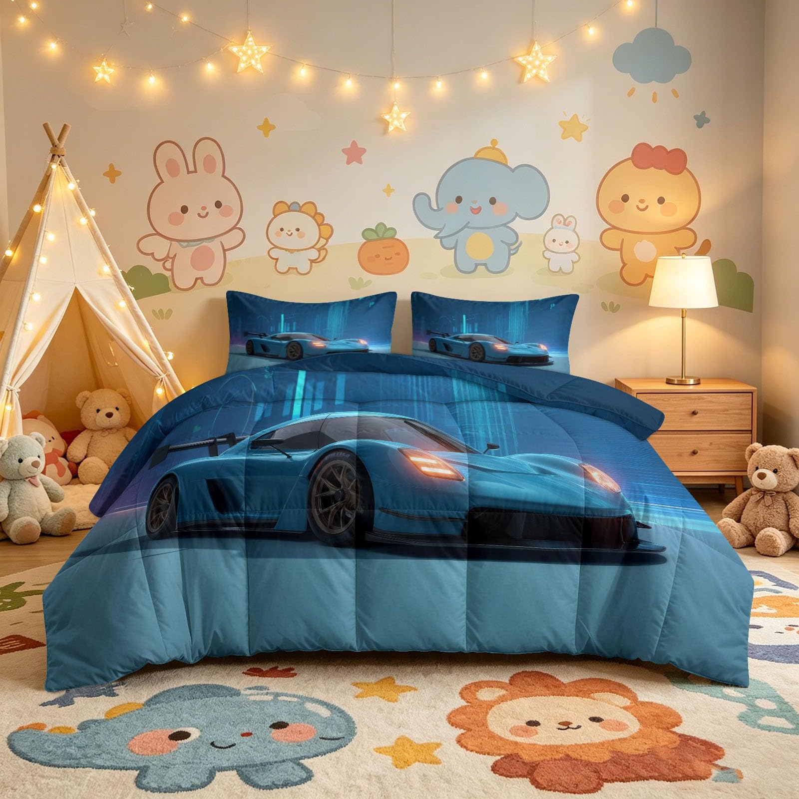 Générique Dynamiczna prędkość kołdra temperowana 140 x 200 cm dla dzieci łóżko jednoosobowe, wszystkie pory roku Ciepła kołdra antyalergiczna, supercar 3D wyścigi samochodowe koc zmywalny bez pokrowca