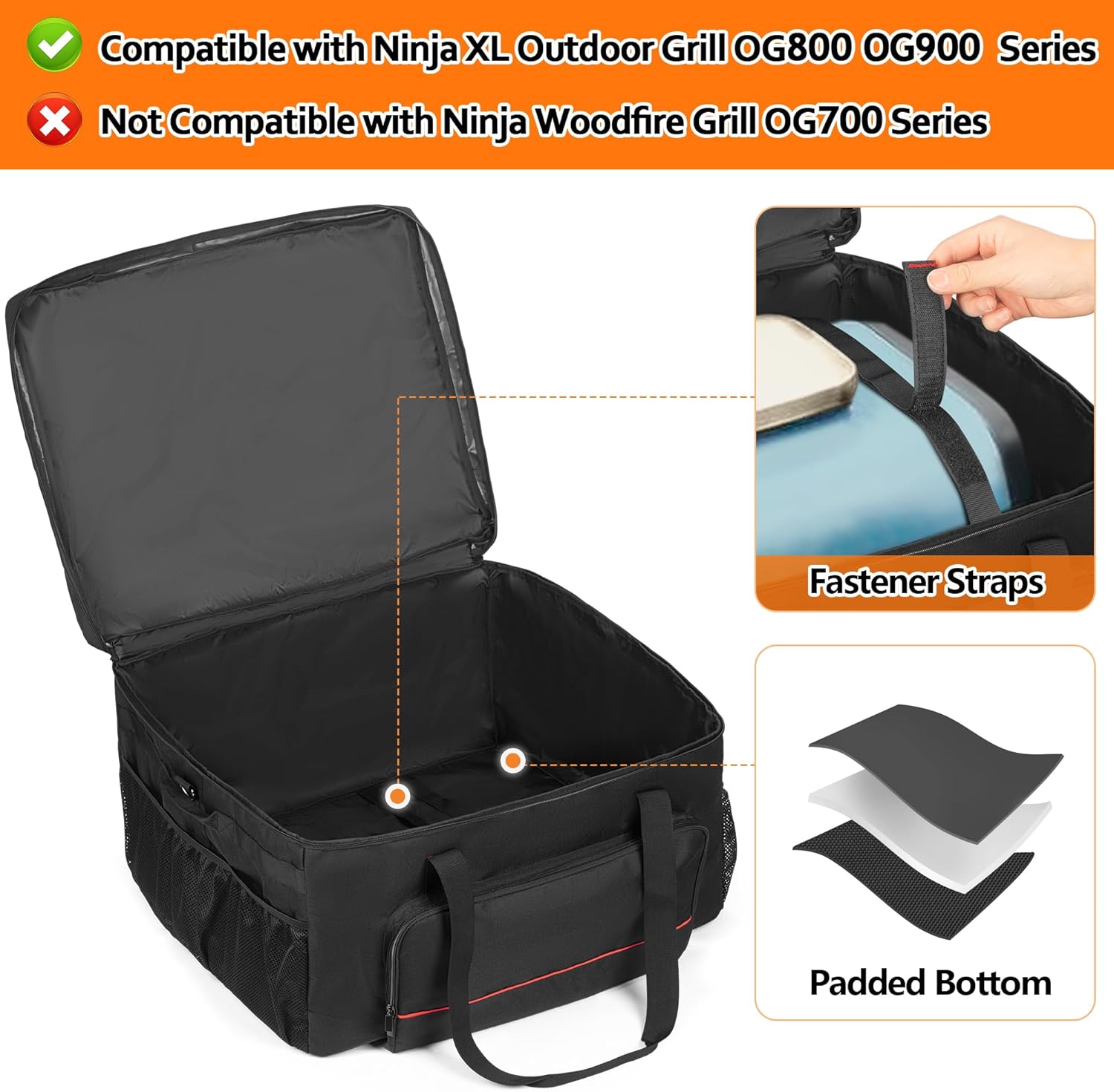 HODRANT Grill Carry Bag Compatible with Ninja OG951 OG850 Woodfire Pro XL Outdoor Grill & Smoker, Grill Cover with Multi Pockets for Grill Accessories Storage, Bag Only