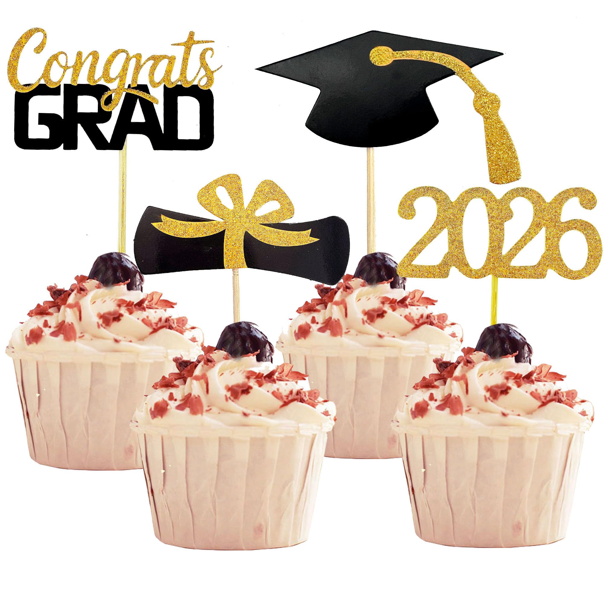 2026 Graduation Cupcake Toppers, 48 PCS Food/Appetizer Picks For Graduation Party Mini Cake Decorations, Diploma, 2026, Grad Cap Set 48 Pieces (01 Gold)