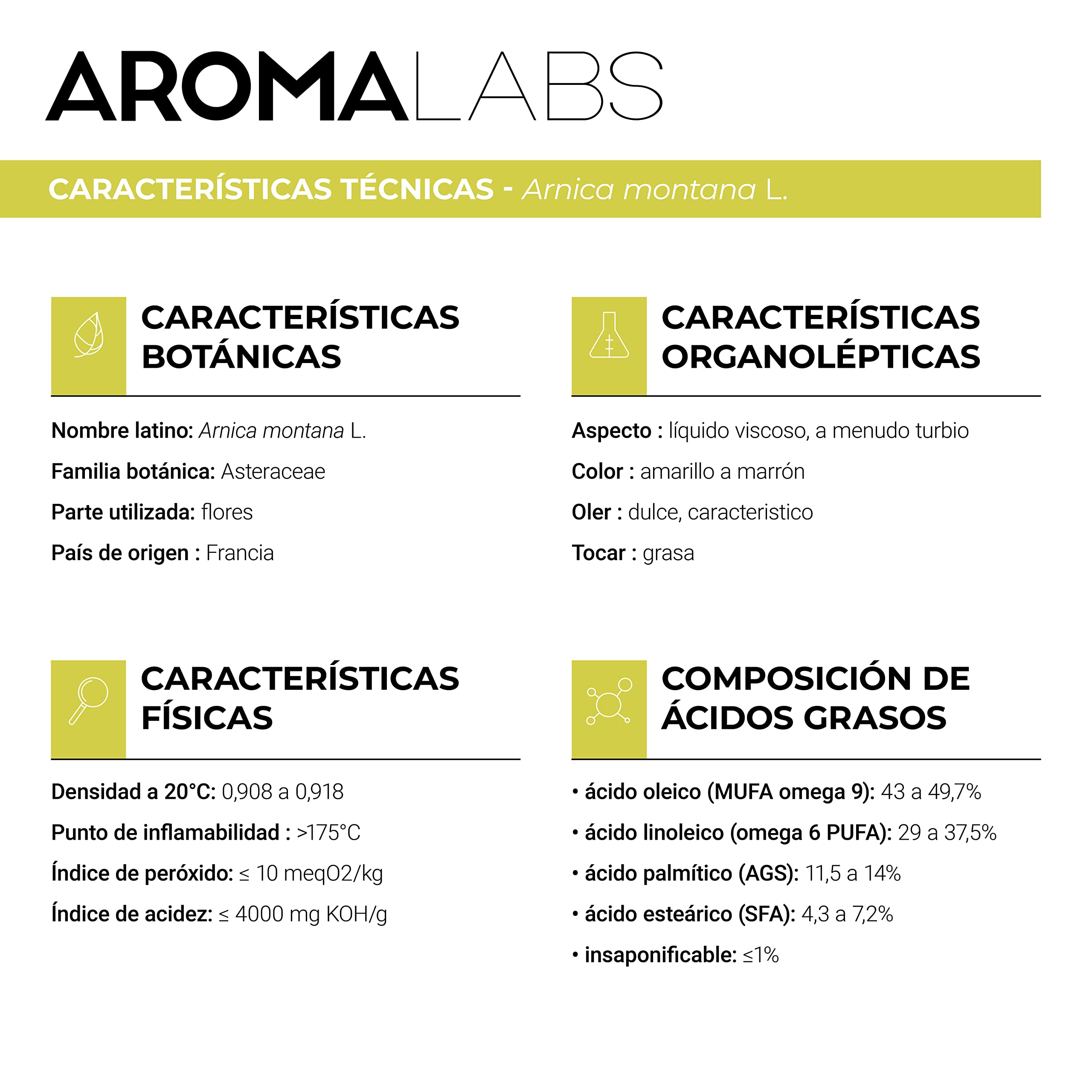 Aceite de Árnica BIO (Arnica montana) - 50 mL - Macerado Oleoso Certificado Cosmos - Aroma Labs