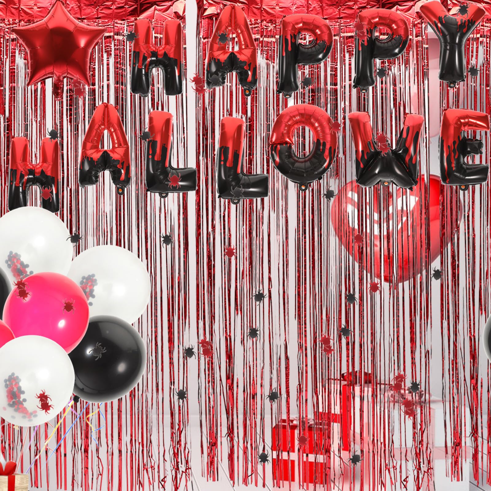 SEWACC 3 Ensembles Ensemble de Décoration Halloween Ballons Noirs et Rouges en Latex et Papier pour Restaurants et Hôtels, Rideau de Confettis pour Fête Thématique Halloween