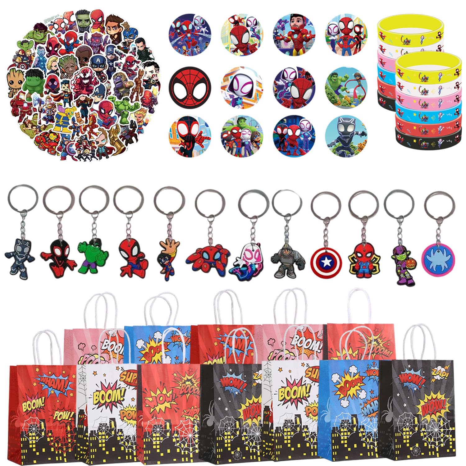 Yisound123 98 piece party bag filler set Party Bag Fillers, Party Favours Keychain Party Bags Button Pins Stickers Party Supplies Goodie Bag Fillers for Kids Boys (Red)